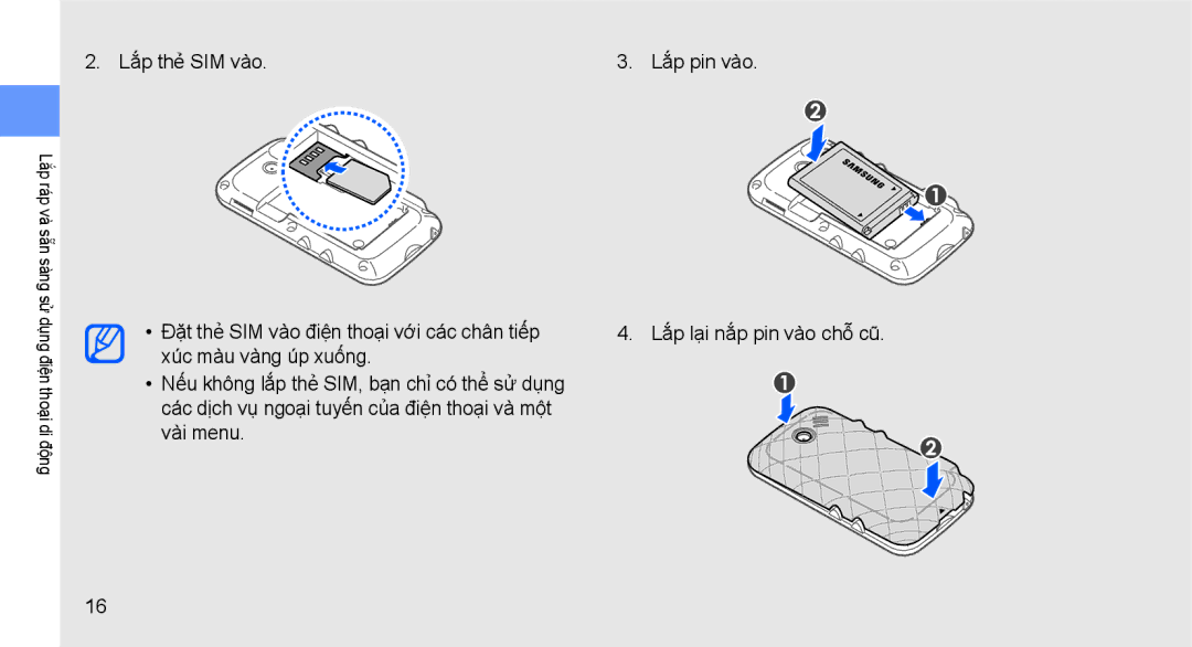 Samsung GT-S7070XDDXEV, GT-S7070XDCXEV, GT-S7070XDAXEV, GT-S7070AVCXEV, GT-S7070PWDXEV manual Lắp lại nắp pin vào chỗ cũ 