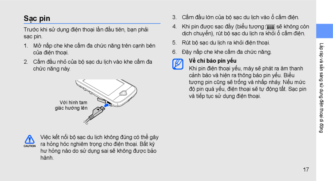 Samsung GT-S7070AVAXEV, GT-S7070XDCXEV, GT-S7070XDAXEV, GT-S7070AVCXEV, GT-S7070PWDXEV manual Sạc pin, Về chỉ báo pin yếu 