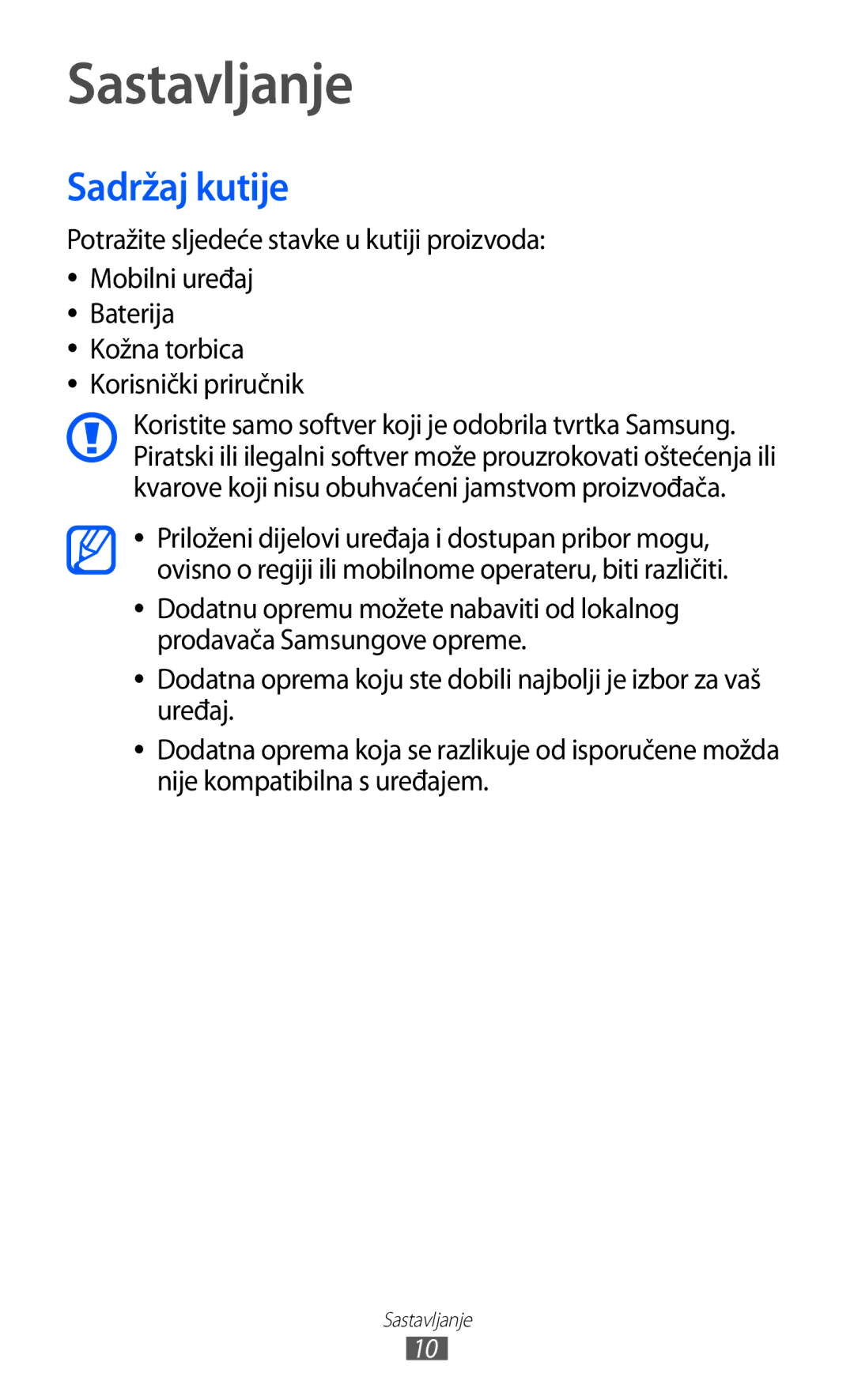 Samsung GT-S7230DWEVIP, GT-S7230GRETRA, GT-S7230TAETWO, GT-S7230TAETRA, GT-S7230GREVIP manual Sastavljanje, Sadržaj kutije 