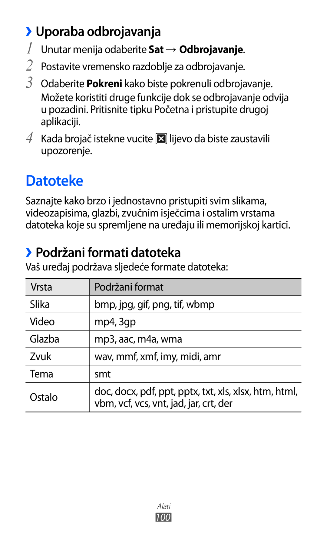 Samsung GT-S7230DWEVIP, GT-S7230GRETRA, GT-S7230TAETWO manual Datoteke, ››Uporaba odbrojavanja, ››Podržani formati datoteka 