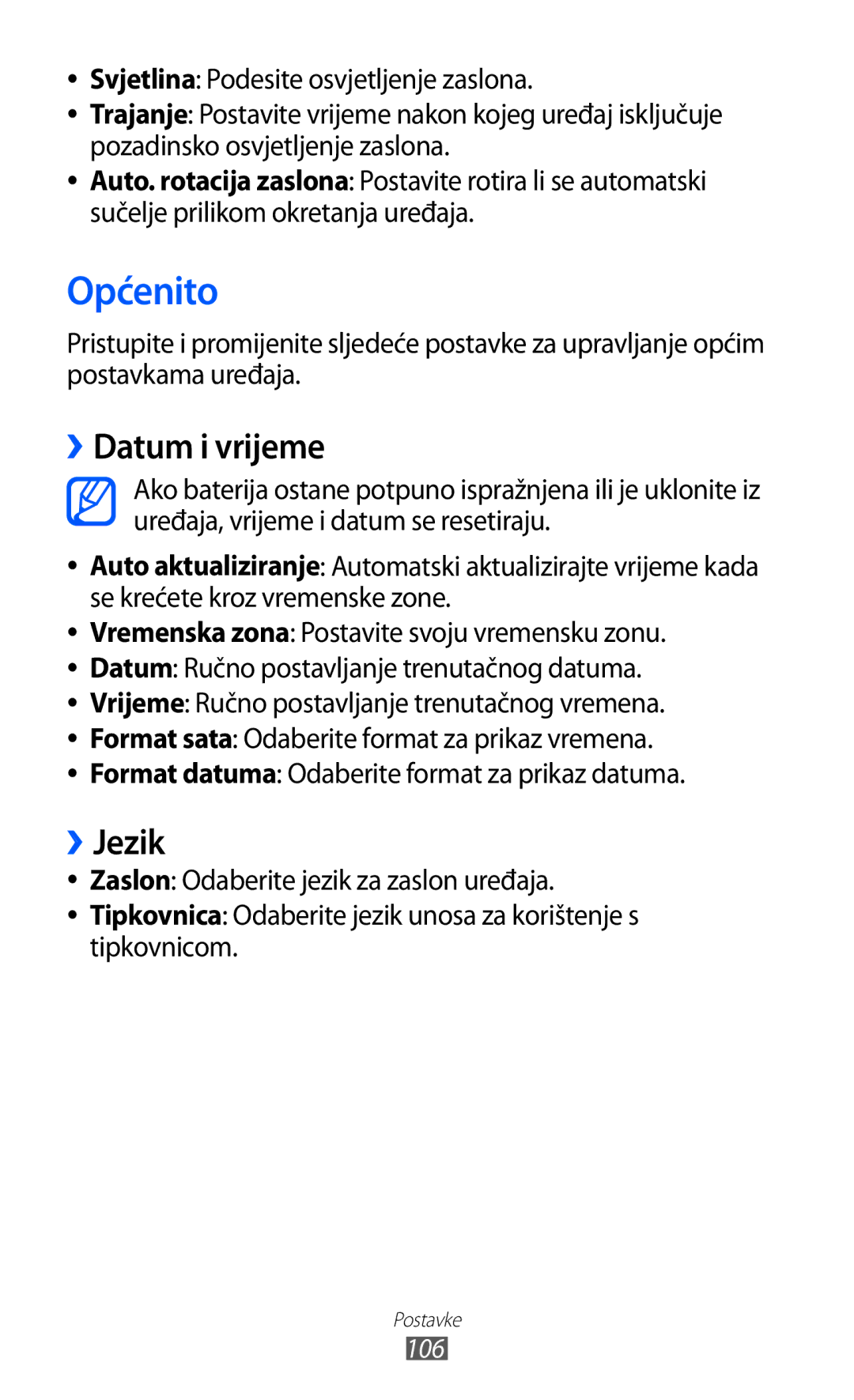 Samsung GT-S7230TAECRO manual Općenito, ››Datum i vrijeme, ››Jezik, Vrijeme Ručno postavljanje trenutačnog vremena 