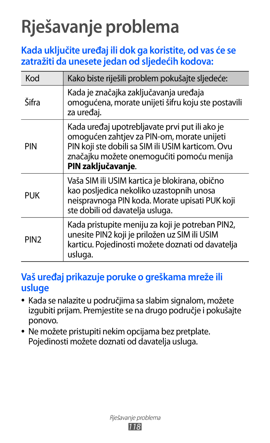 Samsung GT-S7230MKEVIP, GT-S7230DWEVIP, GT-S7230GRETRA, GT-S7230TAETWO, GT-S7230TAETRA Rješavanje problema, PIN zaključavanje 