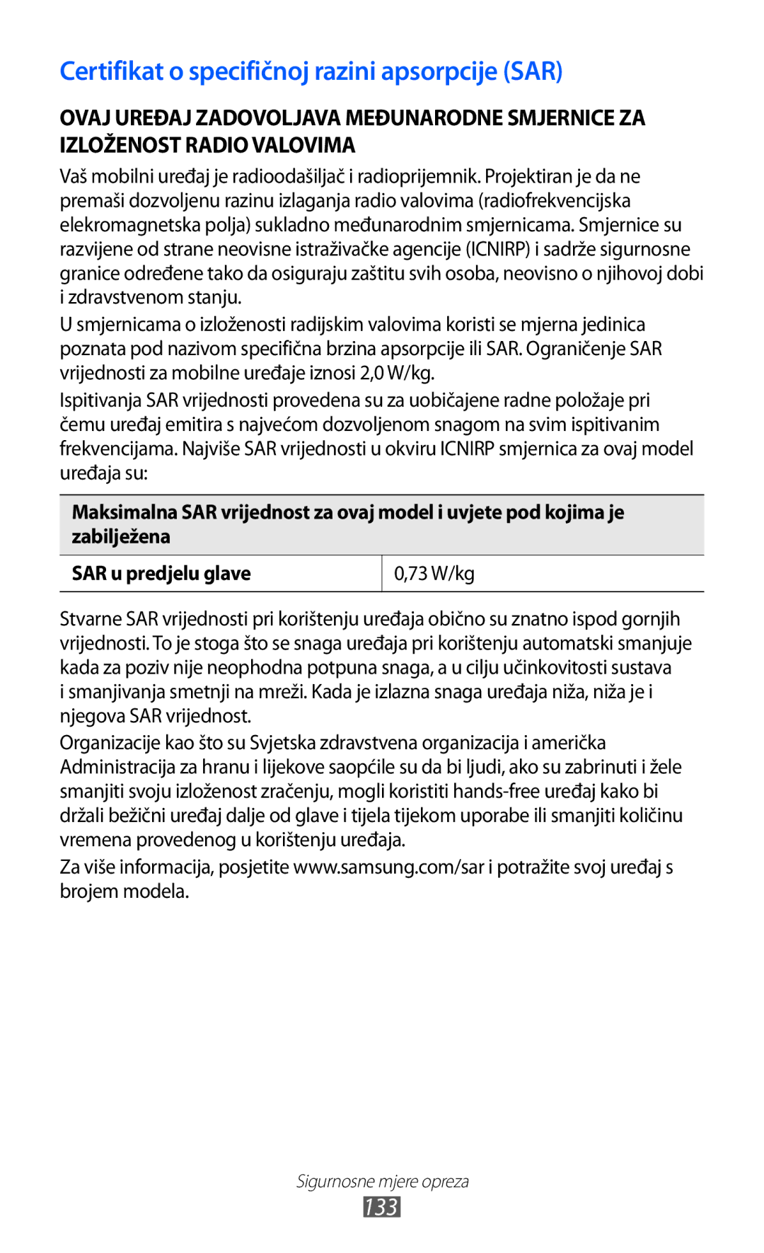 Samsung GT-S7230TAETRA, GT-S7230DWEVIP, GT-S7230GRETRA, GT-S7230TAETWO manual Certifikat o specifičnoj razini apsorpcije SAR 