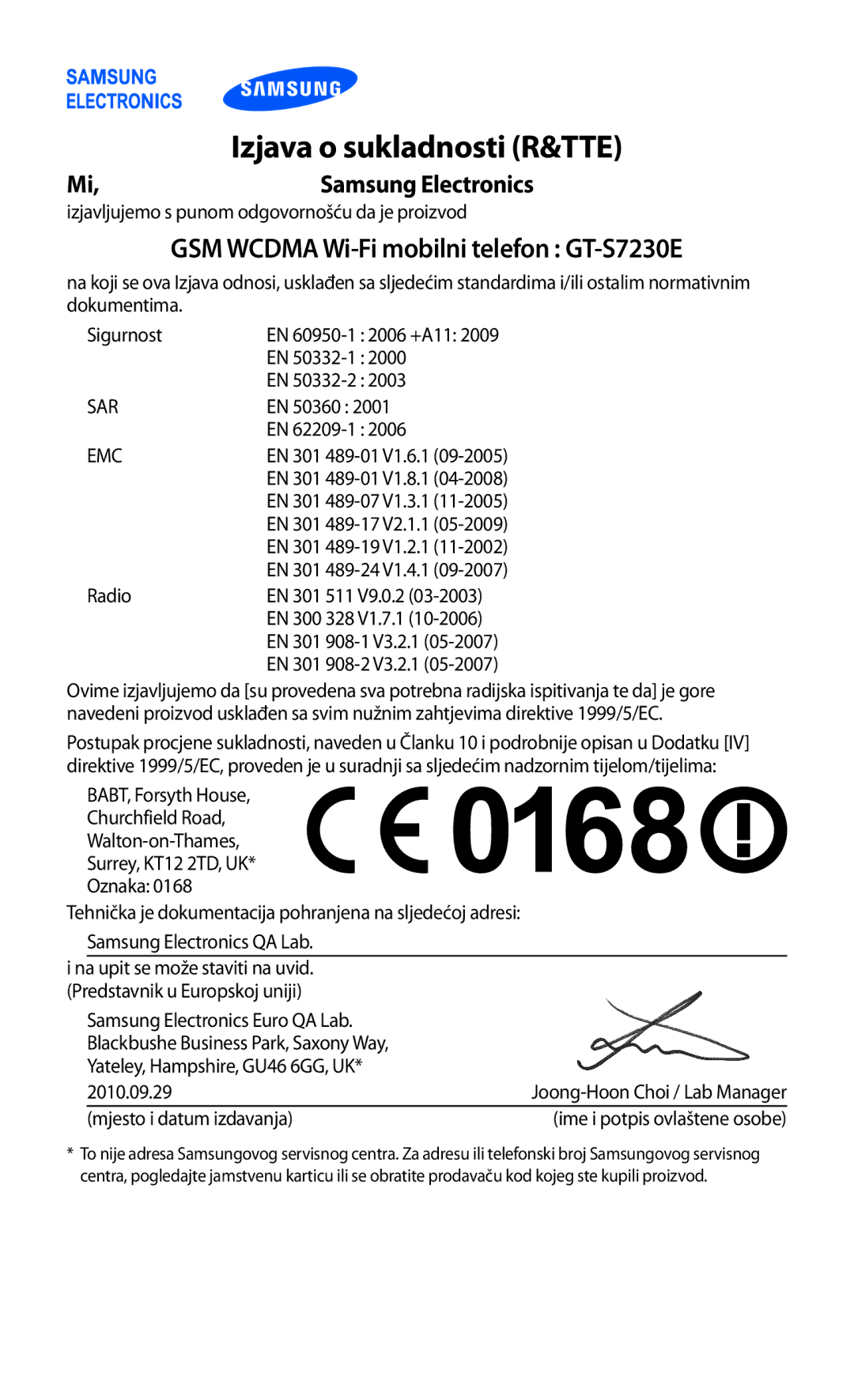 Samsung GT-S7230DWEVIP, GT-S7230GRETRA, GT-S7230TAETWO, GT-S7230TAETRA, GT-S7230GREVIP manual Izjava o sukladnosti R&TTE 