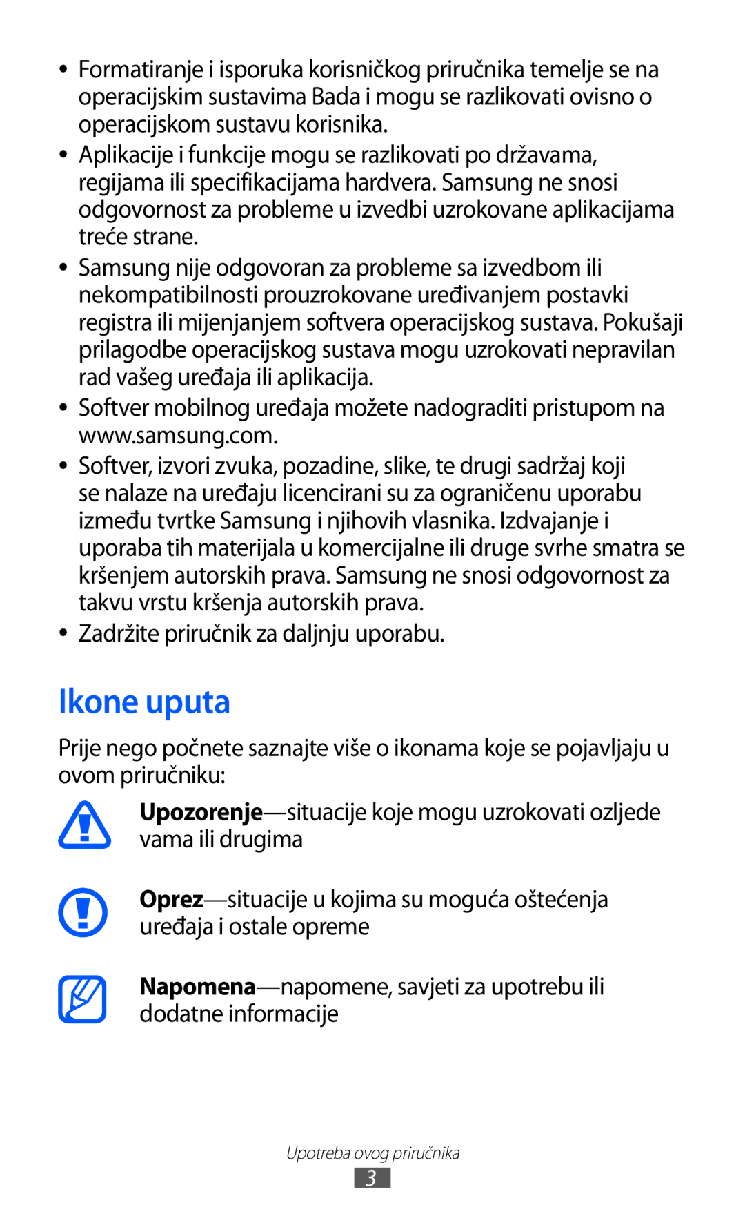 Samsung GT-S7230TAETRA, GT-S7230DWEVIP, GT-S7230GRETRA, GT-S7230TAETWO Ikone uputa, Zadržite priručnik za daljnju uporabu 