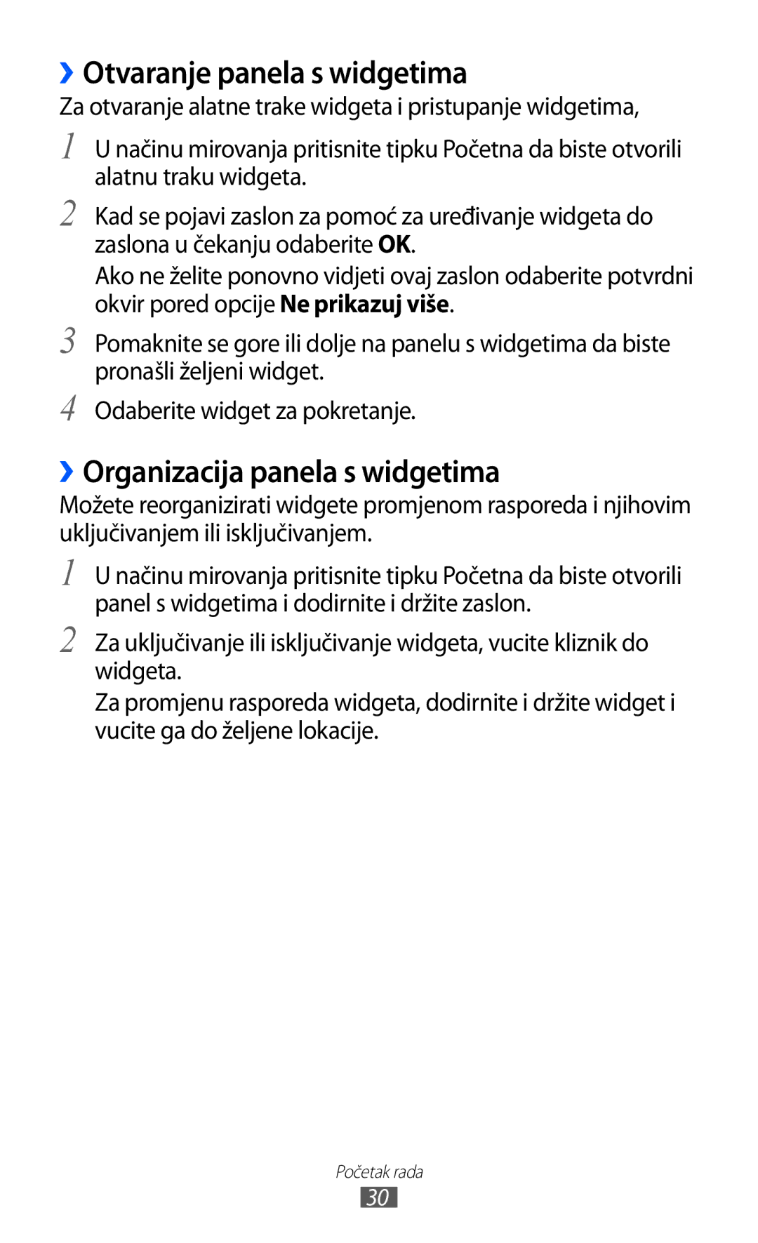 Samsung GT-S7230DWEVIP, GT-S7230GRETRA, GT-S7230TAETWO ››Otvaranje panela s widgetima, ››Organizacija panela s widgetima 