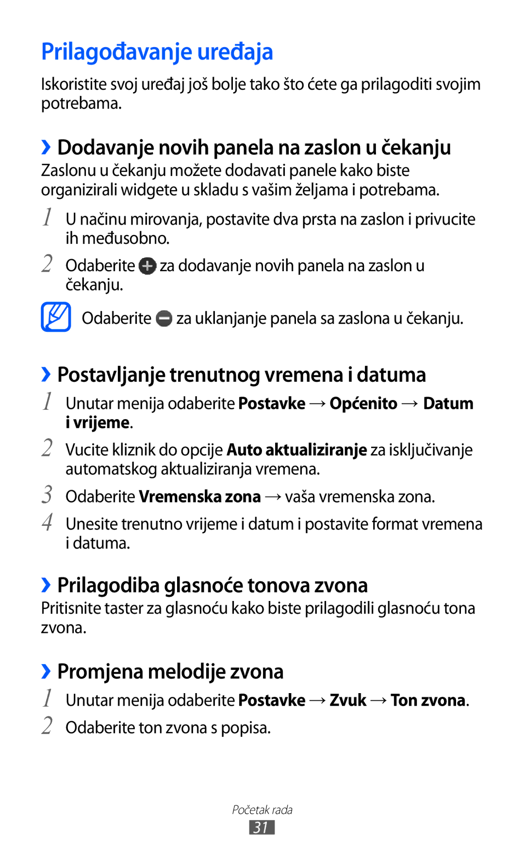 Samsung GT-S7230GRETRA manual Prilagođavanje uređaja, ››Postavljanje trenutnog vremena i datuma, ››Promjena melodije zvona 