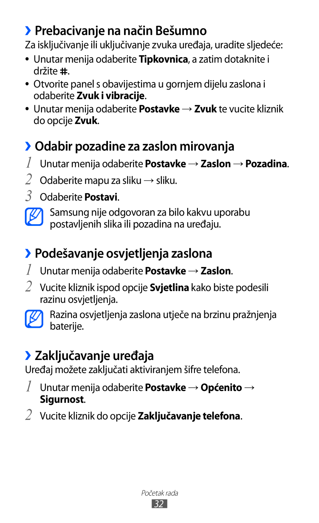 Samsung GT-S7230TAETWO ››Prebacivanje na način Bešumno, ››Odabir pozadine za zaslon mirovanja, ››Zaključavanje uređaja 