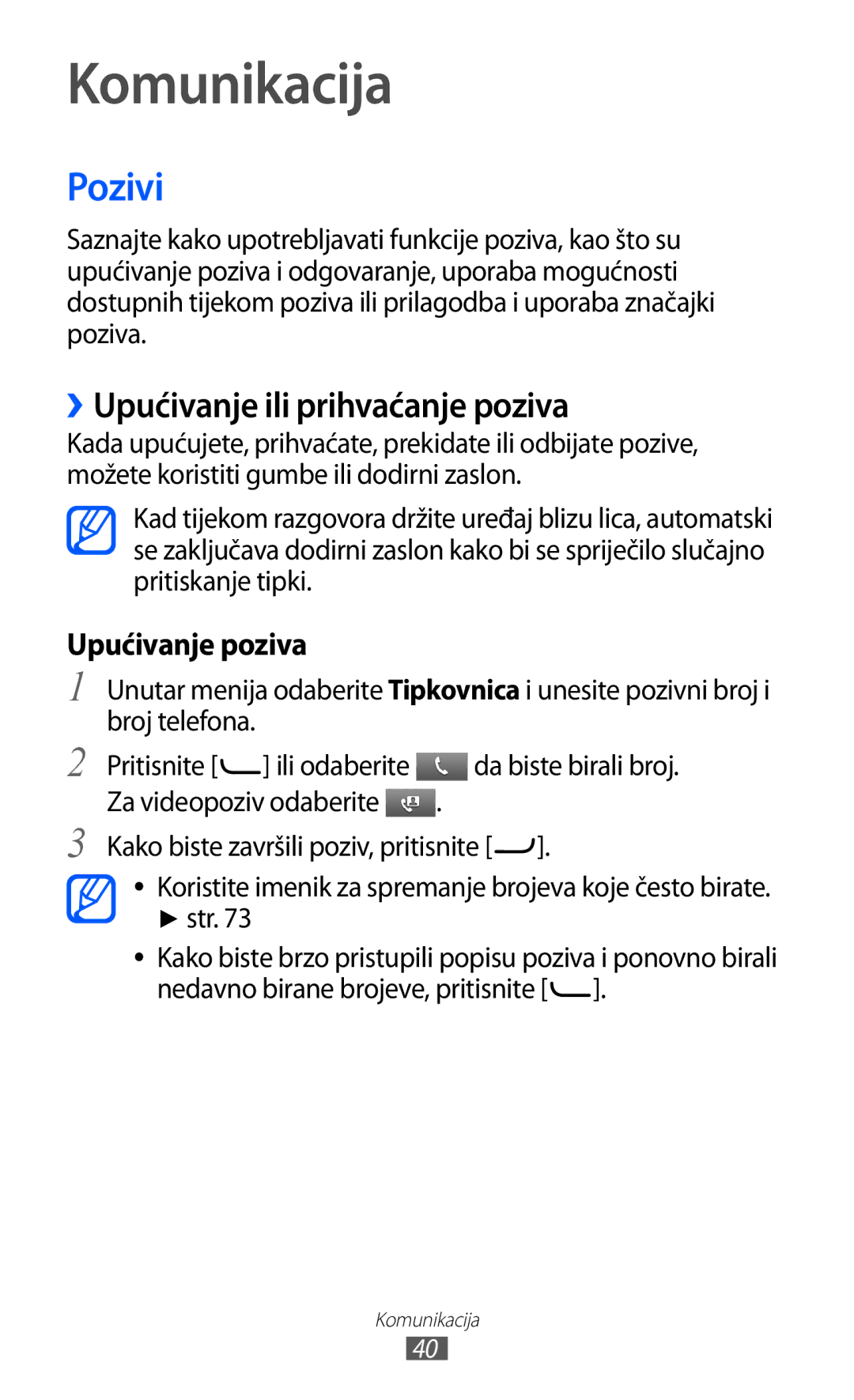 Samsung GT-S7230DWEVIP, GT-S7230GRETRA, GT-S7230TAETWO manual Komunikacija, Pozivi, ››Upućivanje ili prihvaćanje poziva, Str 