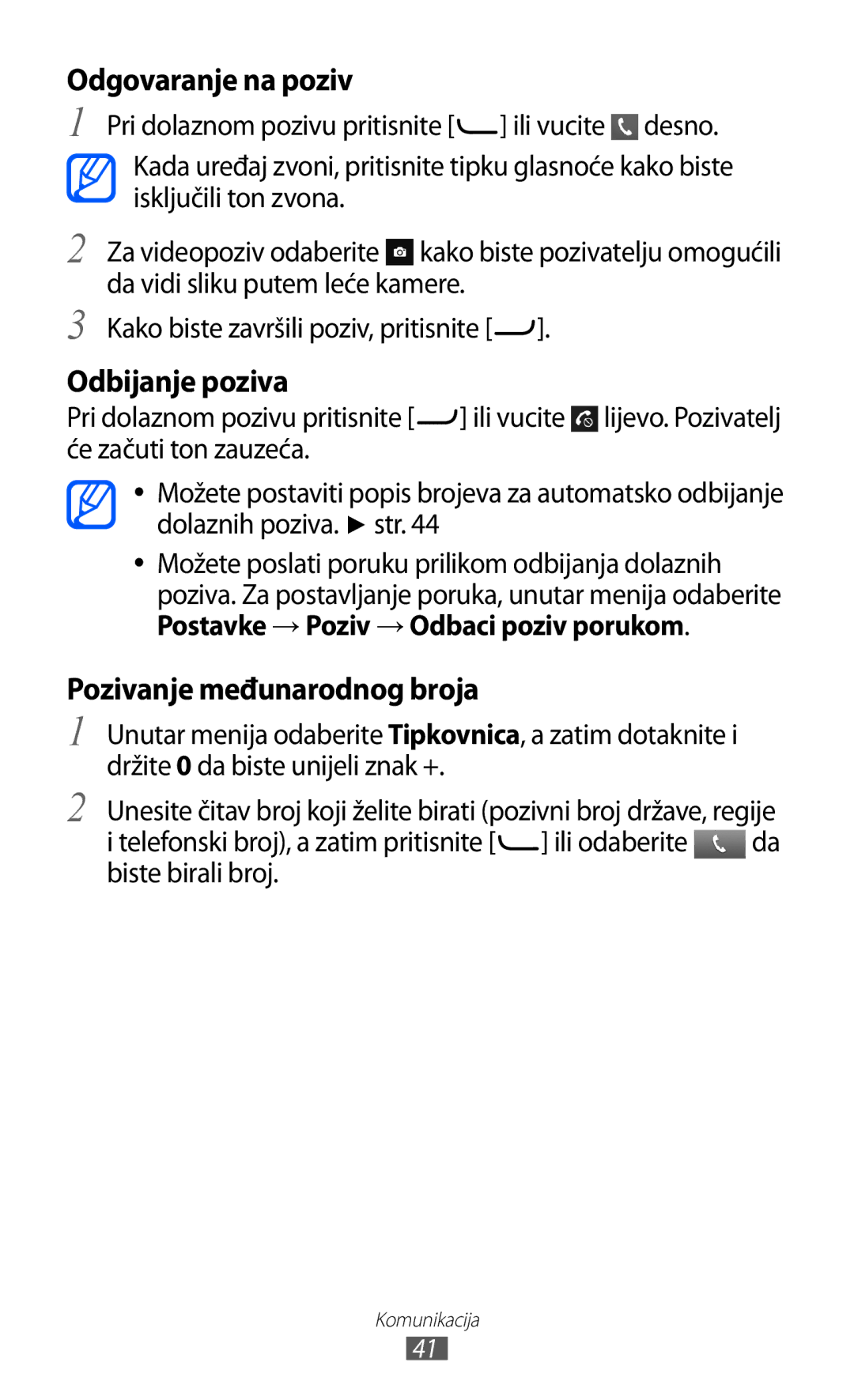 Samsung GT-S7230GRETRA, GT-S7230DWEVIP, GT-S7230TAETWO manual Odgovaranje na poziv, Postavke → Poziv → Odbaci poziv porukom 