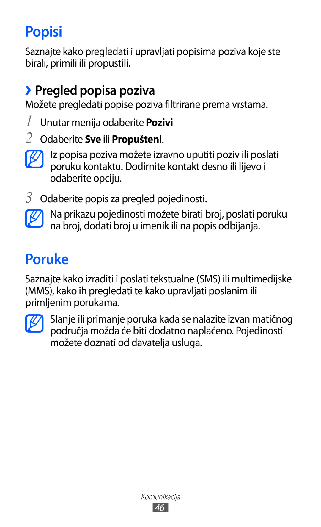 Samsung GT-S7230TAECRO Popisi, Poruke, ››Pregled popisa poziva, Možete pregledati popise poziva filtrirane prema vrstama 