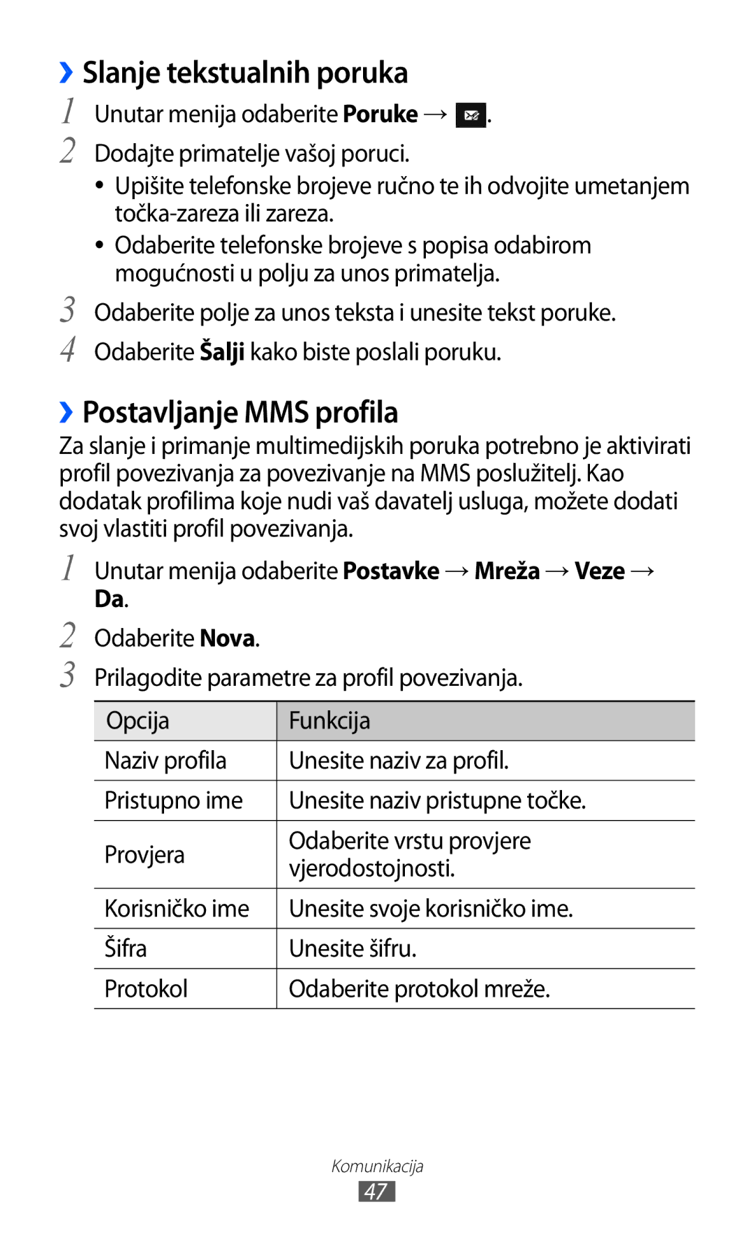 Samsung GT-S7230DWETRA, GT-S7230DWEVIP, GT-S7230GRETRA manual ››Slanje tekstualnih poruka, ››Postavljanje MMS profila 