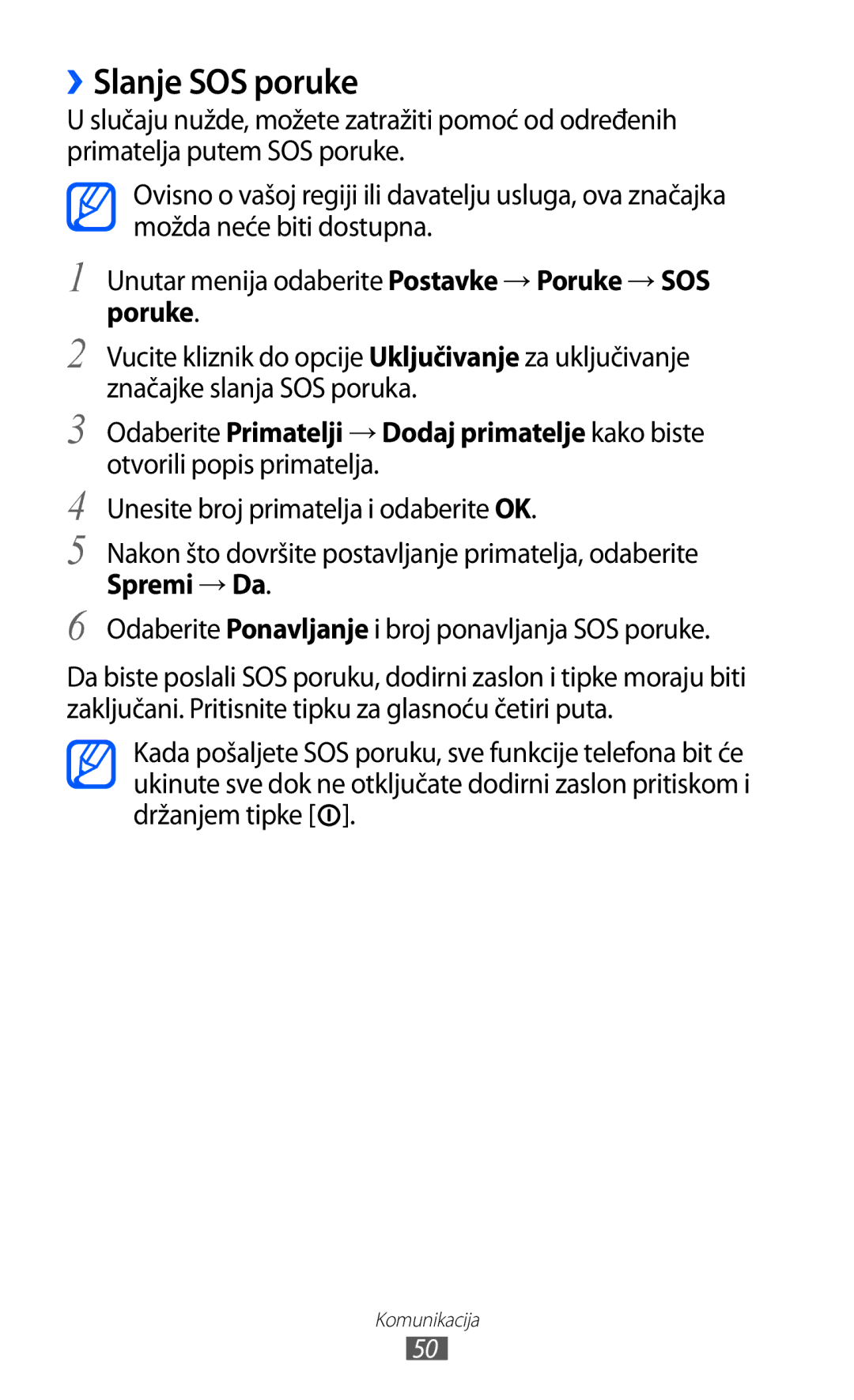 Samsung GT-S7230DWEVIP manual ››Slanje SOS poruke, Poruke, Spremi → Da, Odaberite Ponavljanje i broj ponavljanja SOS poruke 