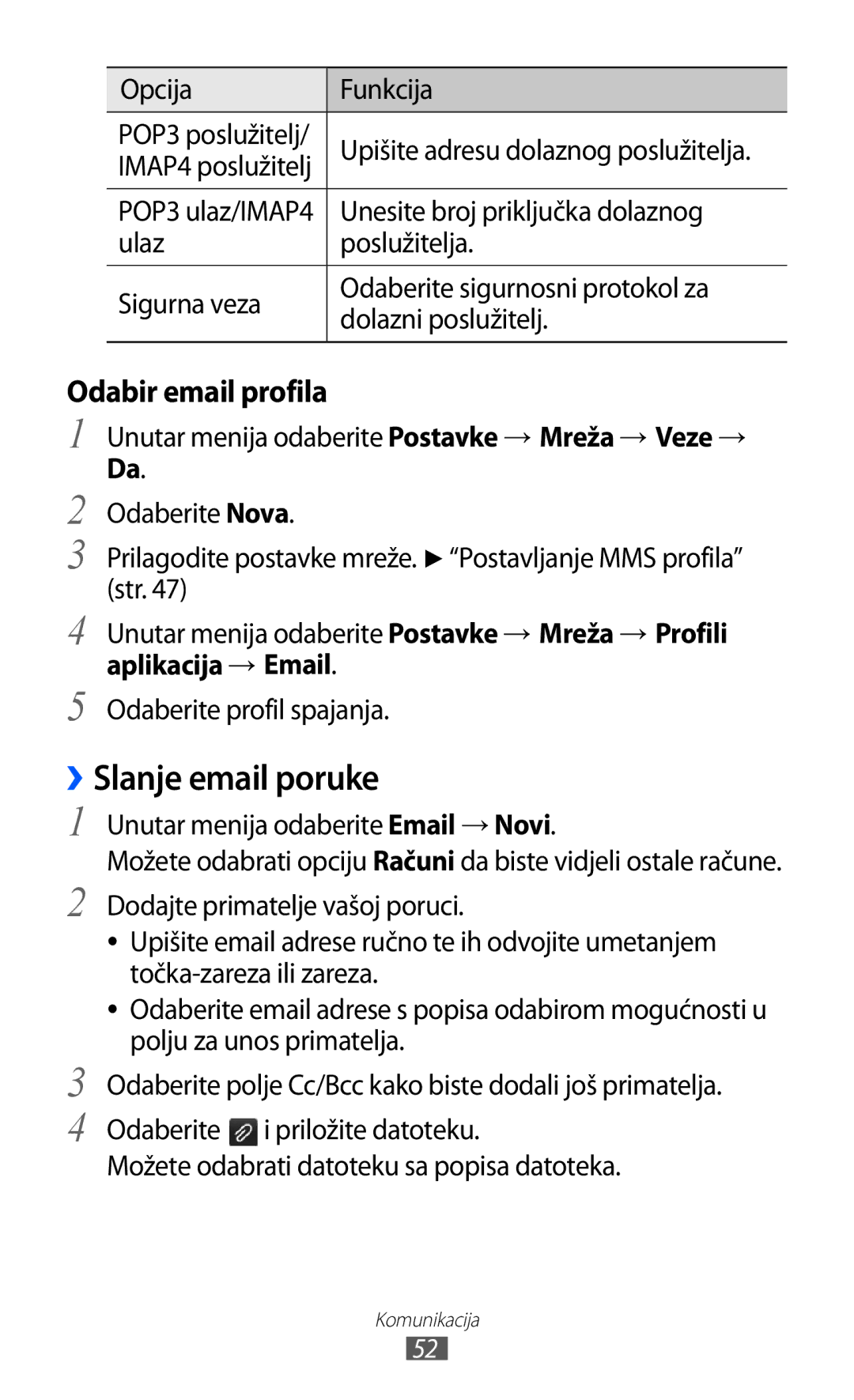 Samsung GT-S7230TAETWO, GT-S7230DWEVIP manual ››Slanje email poruke, Unesite broj priključka dolaznog, Aplikacija → Email 