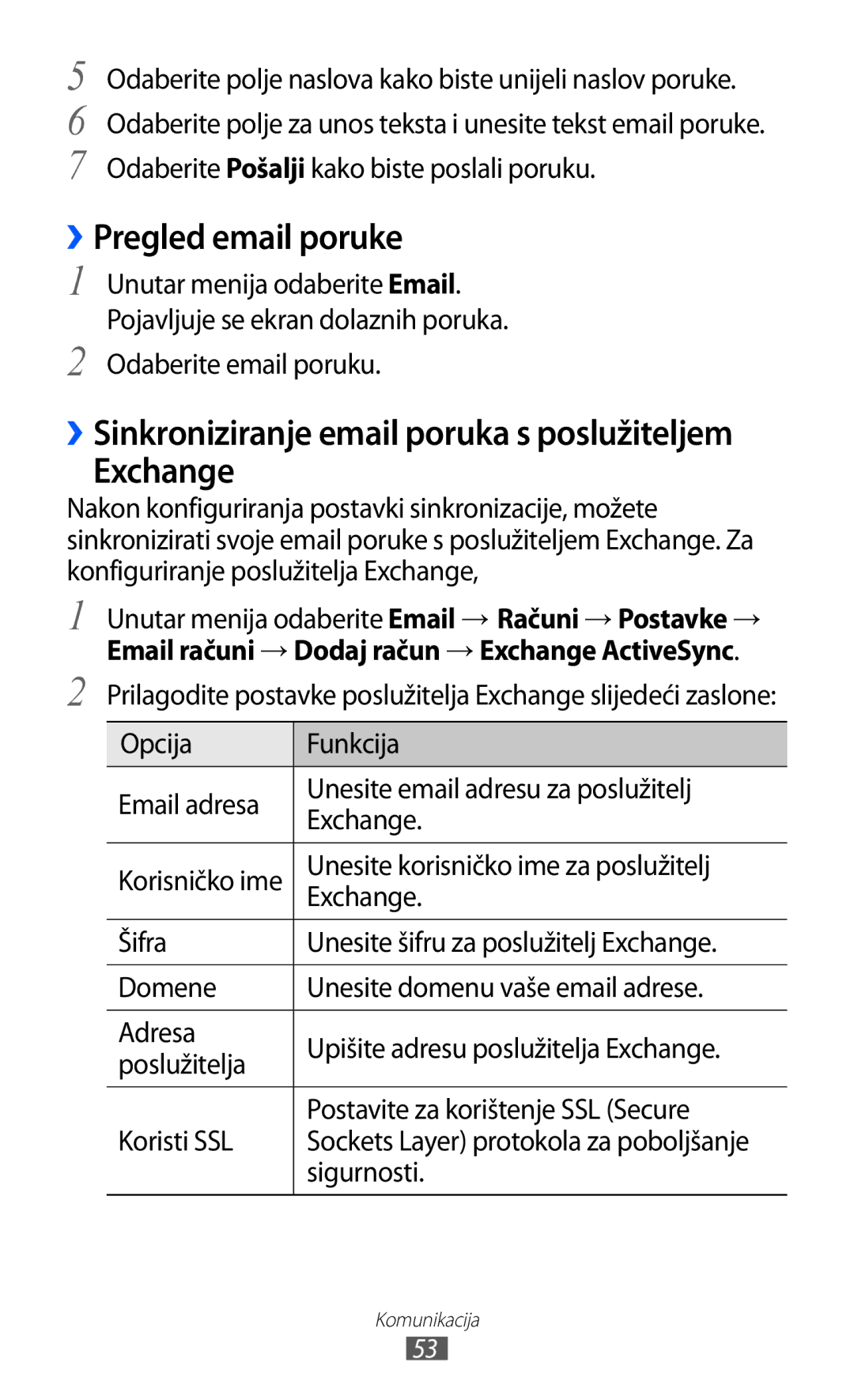 Samsung GT-S7230TAETRA ››Pregled email poruke, Exchange, Odaberite email poruku, Unesite korisničko ime za poslužitelj 