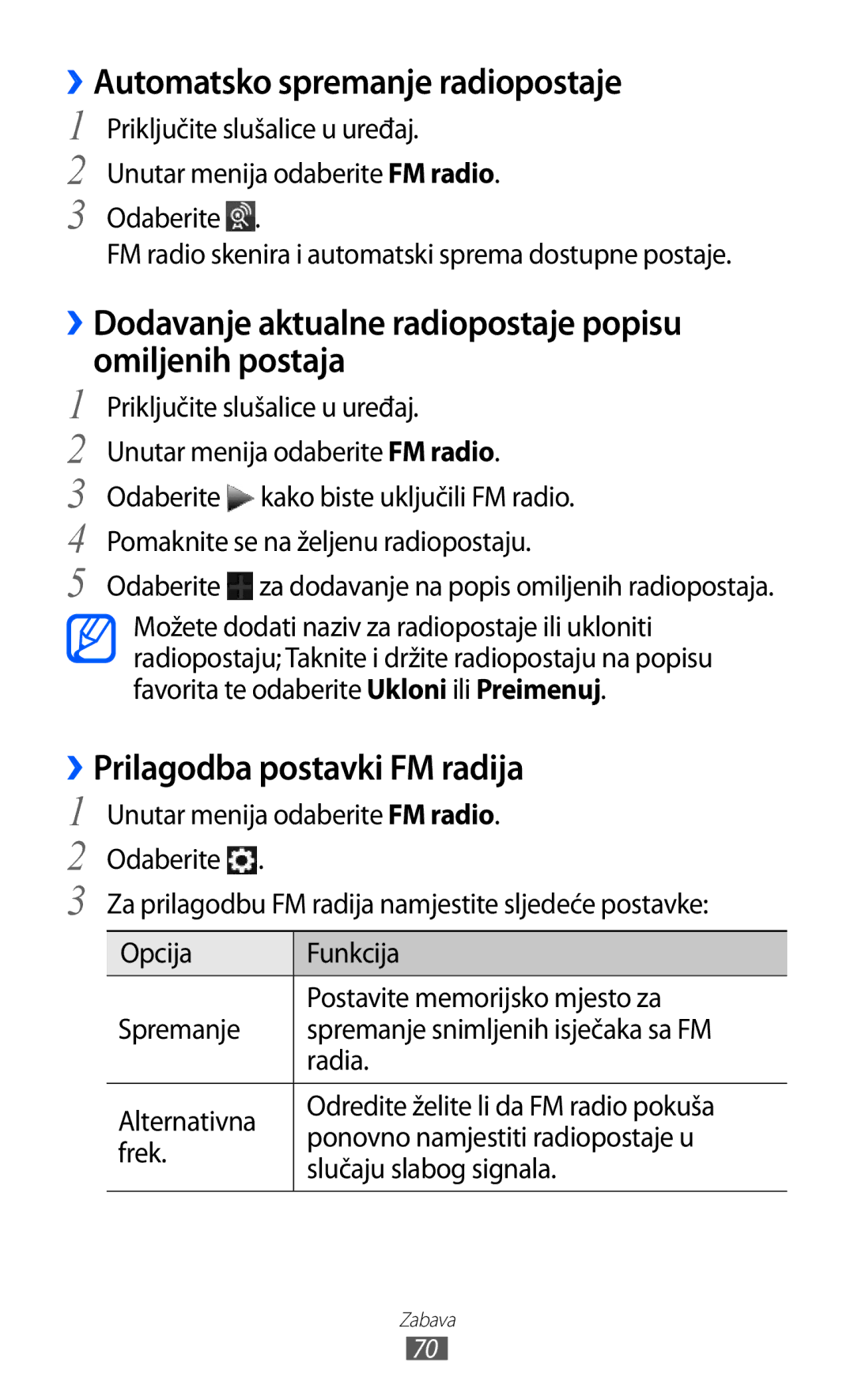 Samsung GT-S7230DWEVIP ››Automatsko spremanje radiopostaje, ››Dodavanje aktualne radiopostaje popisu omiljenih postaja 