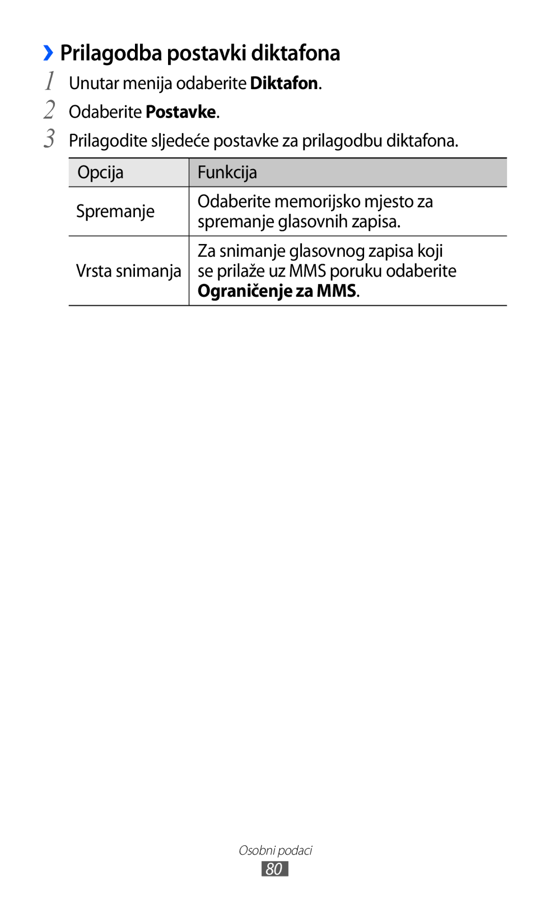 Samsung GT-S7230DWEVIP manual ››Prilagodba postavki diktafona, Se prilaže uz MMS poruku odaberite, Ograničenje za MMS 