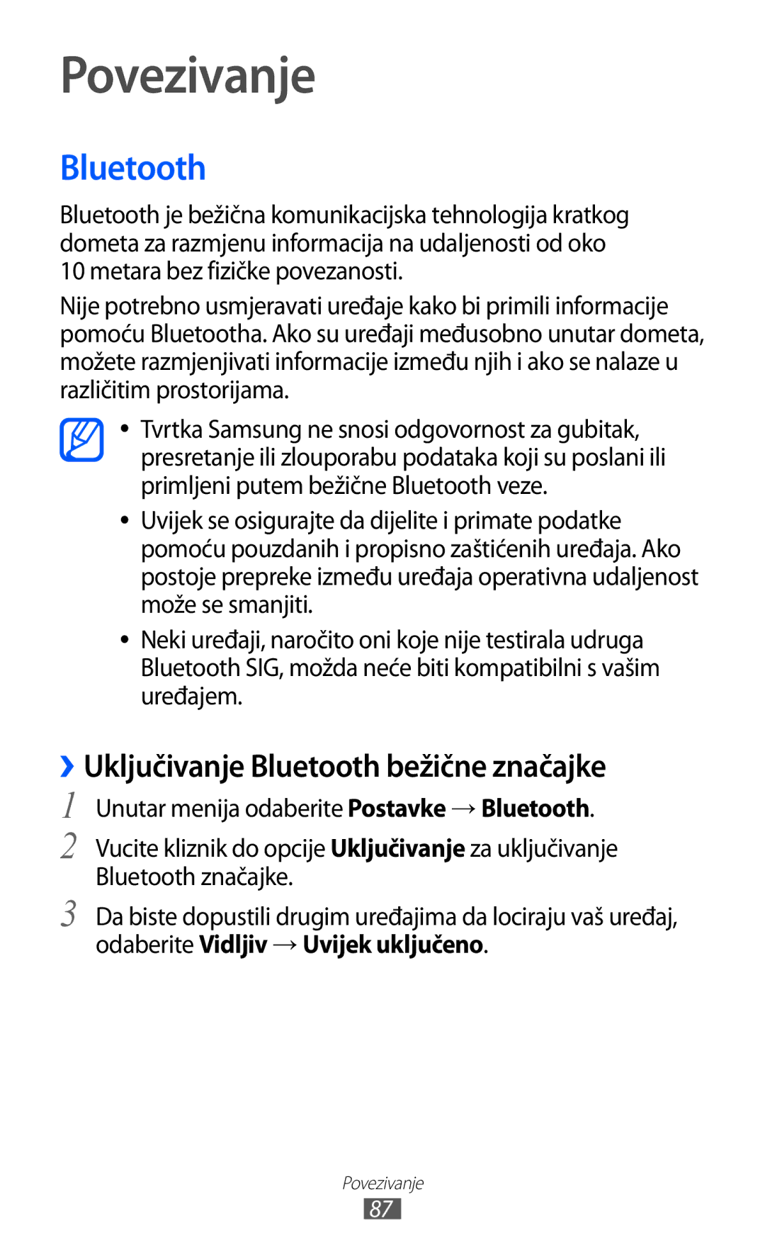 Samsung GT-S7230DWETRA, GT-S7230DWEVIP, GT-S7230GRETRA manual Povezivanje, ››Uključivanje Bluetooth bežične značajke 