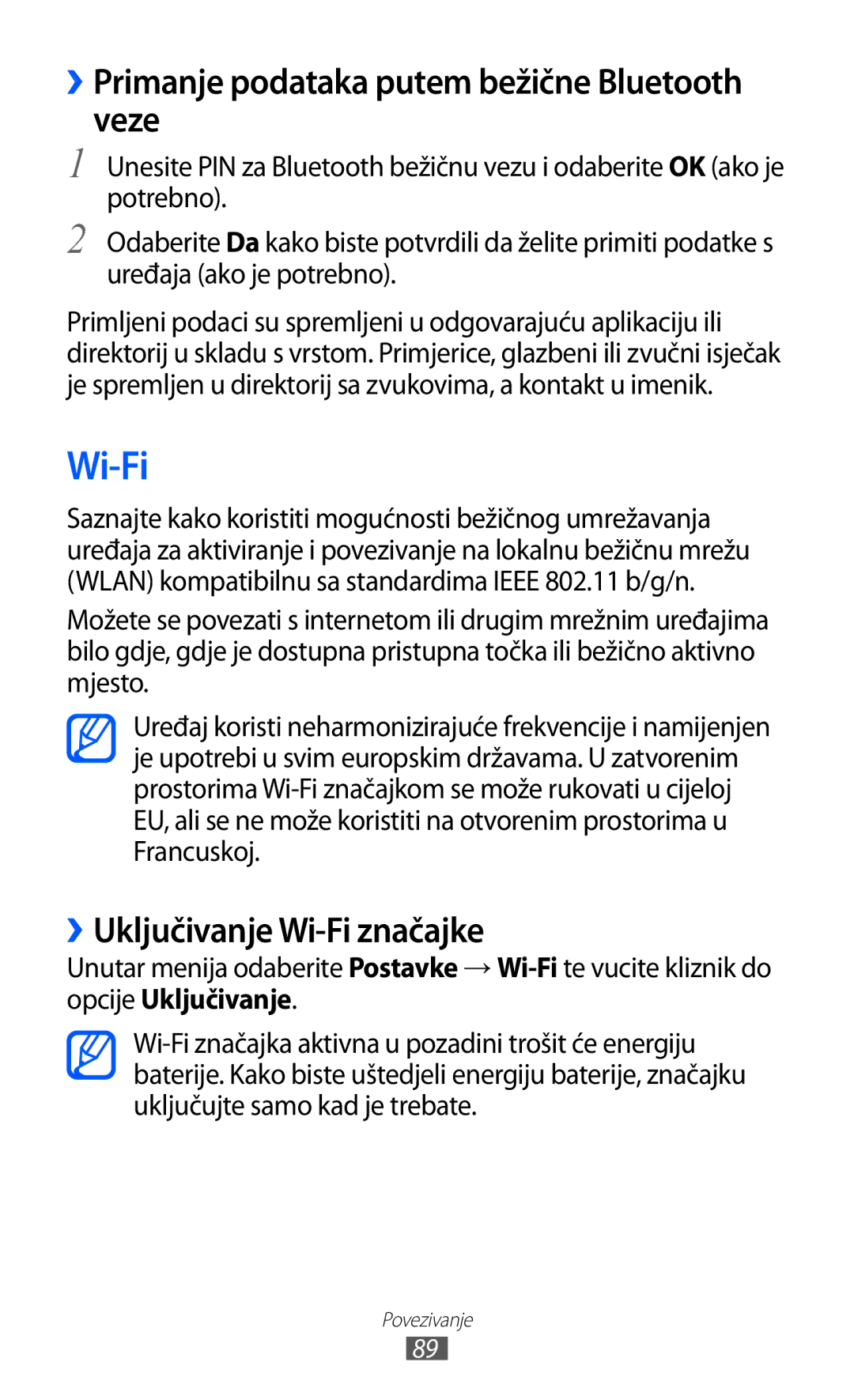 Samsung GT-S7230TAEVIP, GT-S7230DWEVIP ››Primanje podataka putem bežične Bluetooth veze, ››Uključivanje Wi-Fi značajke 