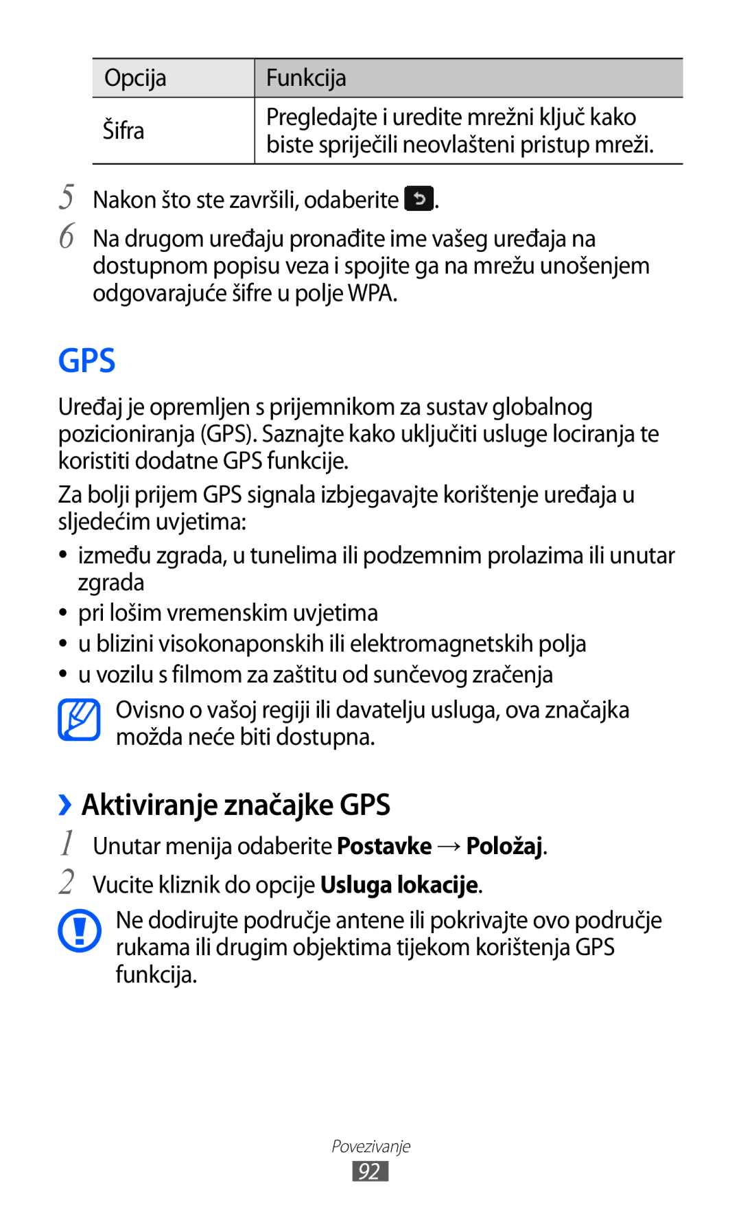 Samsung GT-S7230TAETWO, GT-S7230DWEVIP, GT-S7230GRETRA, GT-S7230TAETRA ››Aktiviranje značajke GPS, Opcija Funkcija Šifra 