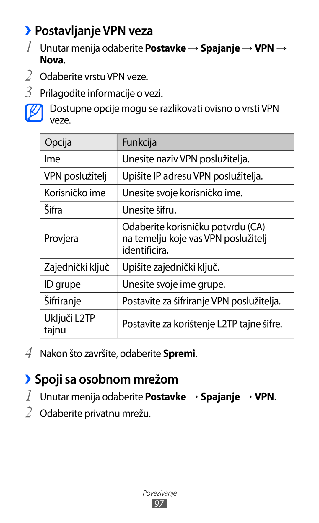 Samsung GT-S7230DWETRA, GT-S7230DWEVIP, GT-S7230GRETRA manual ››Postavljanje VPN veza, ››Spoji sa osobnom mrežom, Nova 