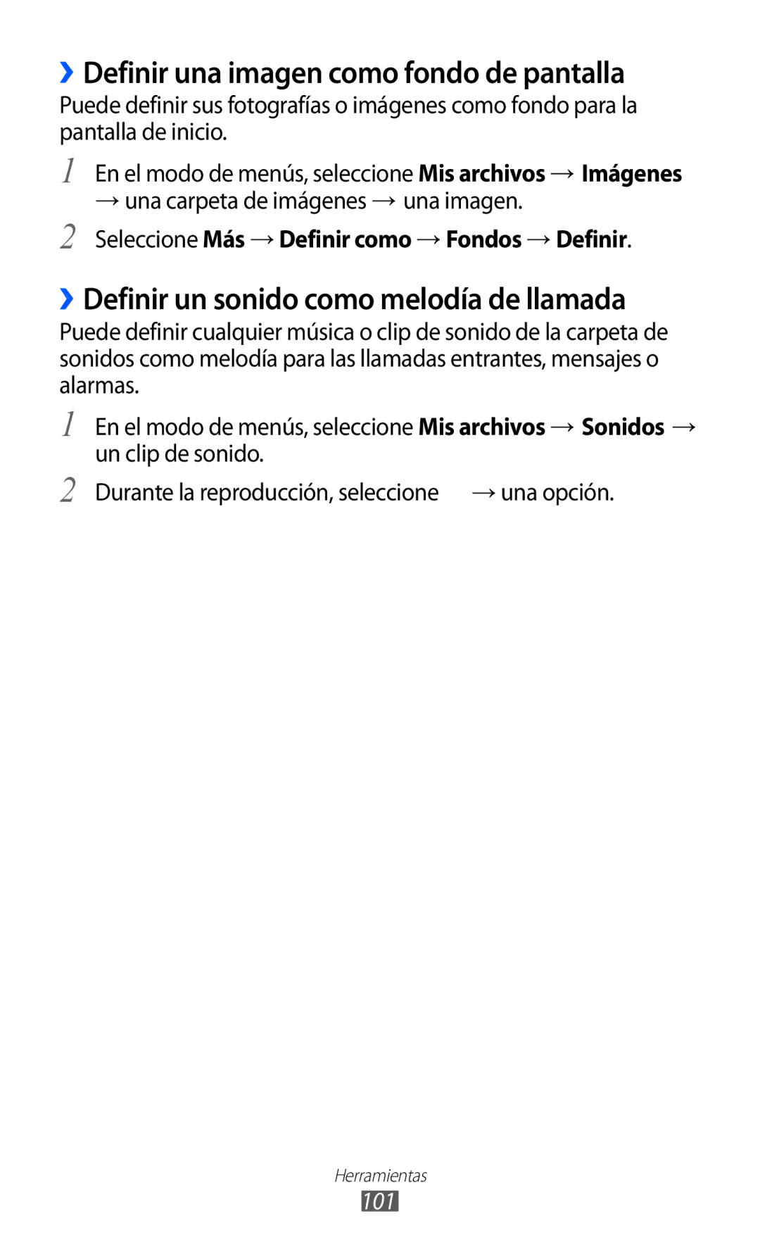 Samsung GT-S7230GREAMN manual ››Definir una imagen como fondo de pantalla, ››Definir un sonido como melodía de llamada, 101 