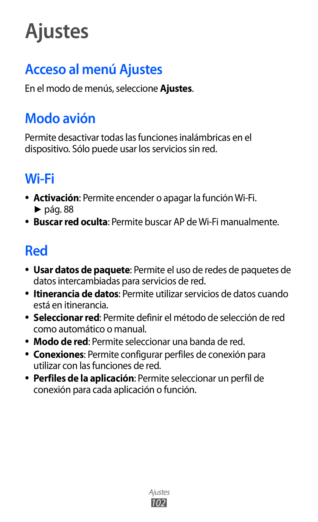 Samsung GT-S7230TAEATL, GT-S7230DWEXEC, GT-S7230TAEFOP, GT-S7230TAAATL manual Acceso al menú Ajustes, Modo avión, Red, 102 