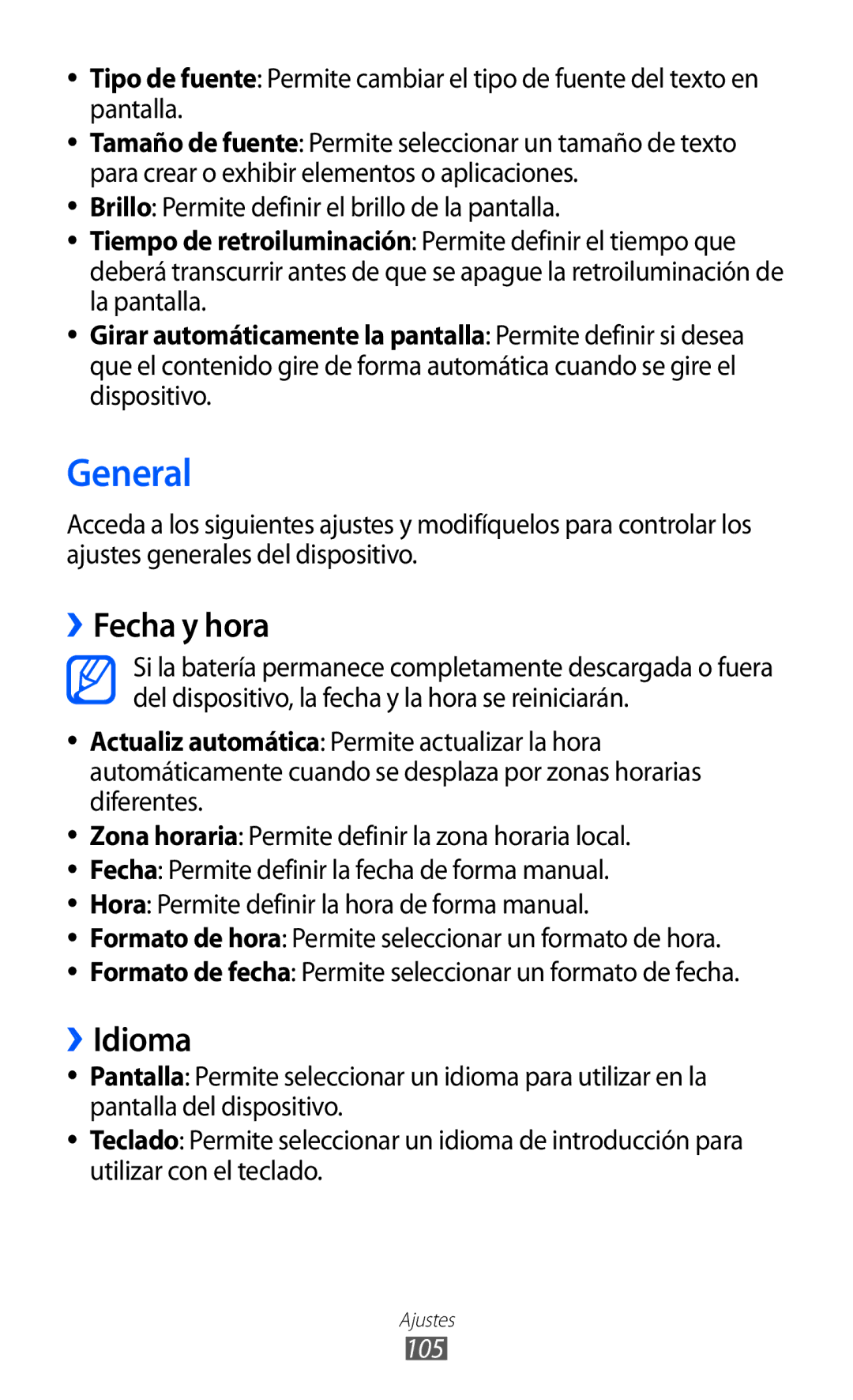 Samsung GT-S7230DWEXEC, GT-S7230TAEFOP, GT-S7230TAAATL, GT-S7230MKEAMN, GT-S7230MKEXEC General, ››Fecha y hora, ››Idioma, 105 