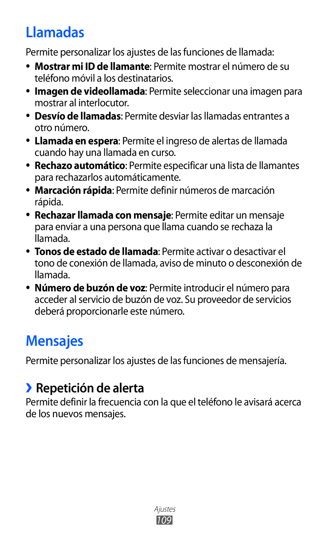 Samsung GT-S7230MKEXEC, GT-S7230DWEXEC, GT-S7230TAEFOP, GT-S7230TAAATL, GT-S7230MKEAMN manual ››Repetición de alerta, 109 