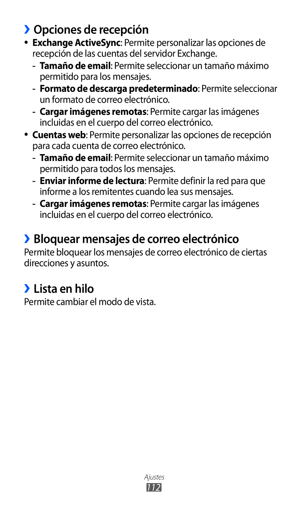 Samsung GT-S7230TAAXEC manual ››Opciones de recepción, ››Bloquear mensajes de correo electrónico, ››Lista en hilo, 112 