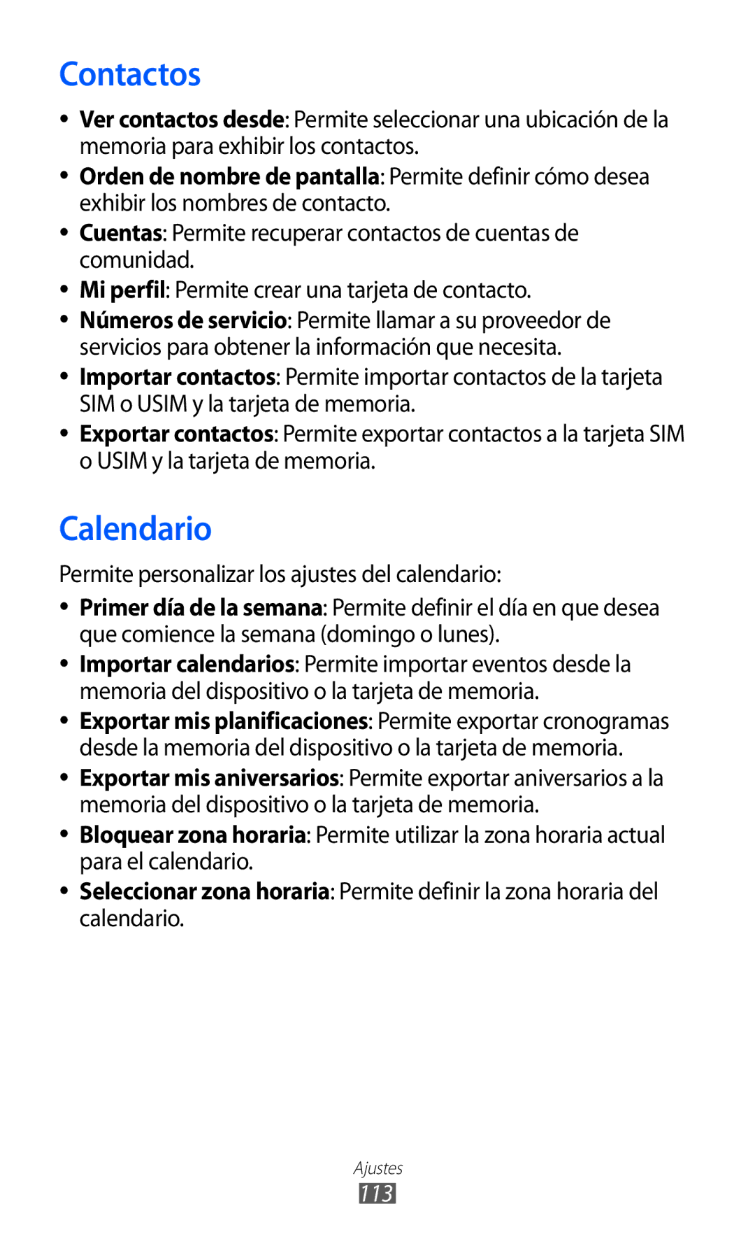 Samsung GT-S7230RIEFOP, GT-S7230DWEXEC, GT-S7230TAEFOP, GT-S7230TAAATL Permite personalizar los ajustes del calendario, 113 