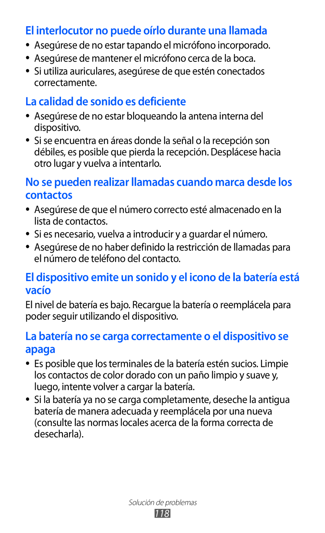 Samsung GT-S7230GREXEC, GT-S7230DWEXEC, GT-S7230TAEFOP manual El interlocutor no puede oírlo durante una llamada, 118 