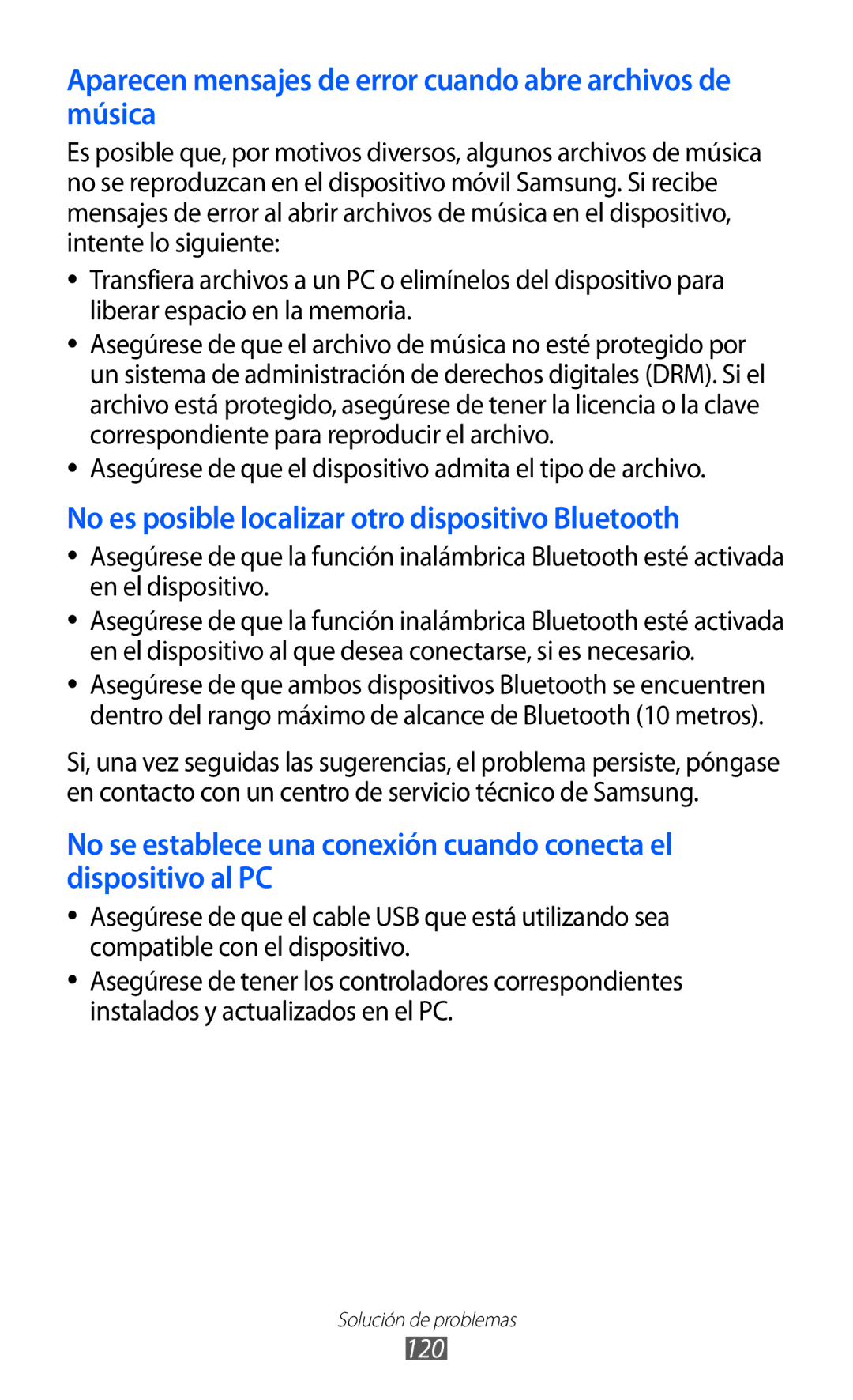 Samsung GT-S7230DWEXEC, GT-S7230TAEFOP, GT-S7230TAAATL manual Asegúrese de que el dispositivo admita el tipo de archivo, 120 