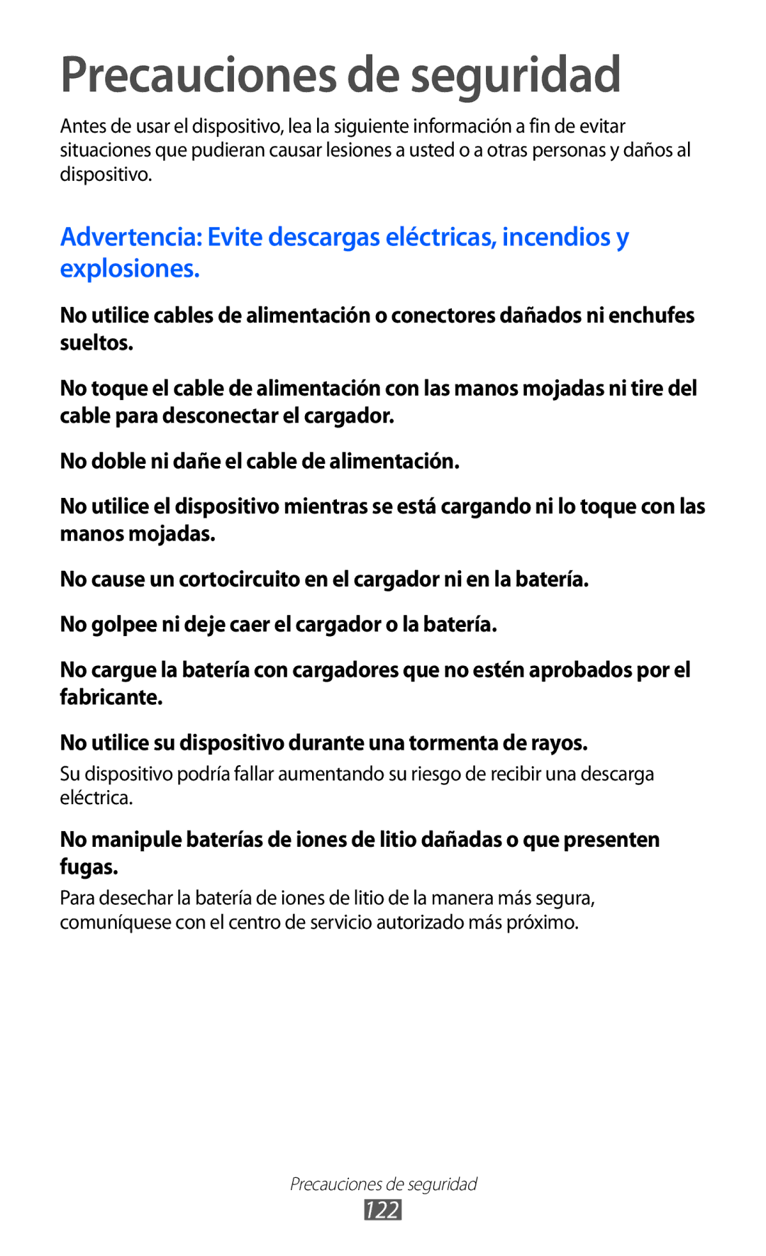 Samsung GT-S7230TAAATL, GT-S7230DWEXEC, GT-S7230TAEFOP, GT-S7230MKEAMN, GT-S7230MKEXEC manual Precauciones de seguridad, 122 