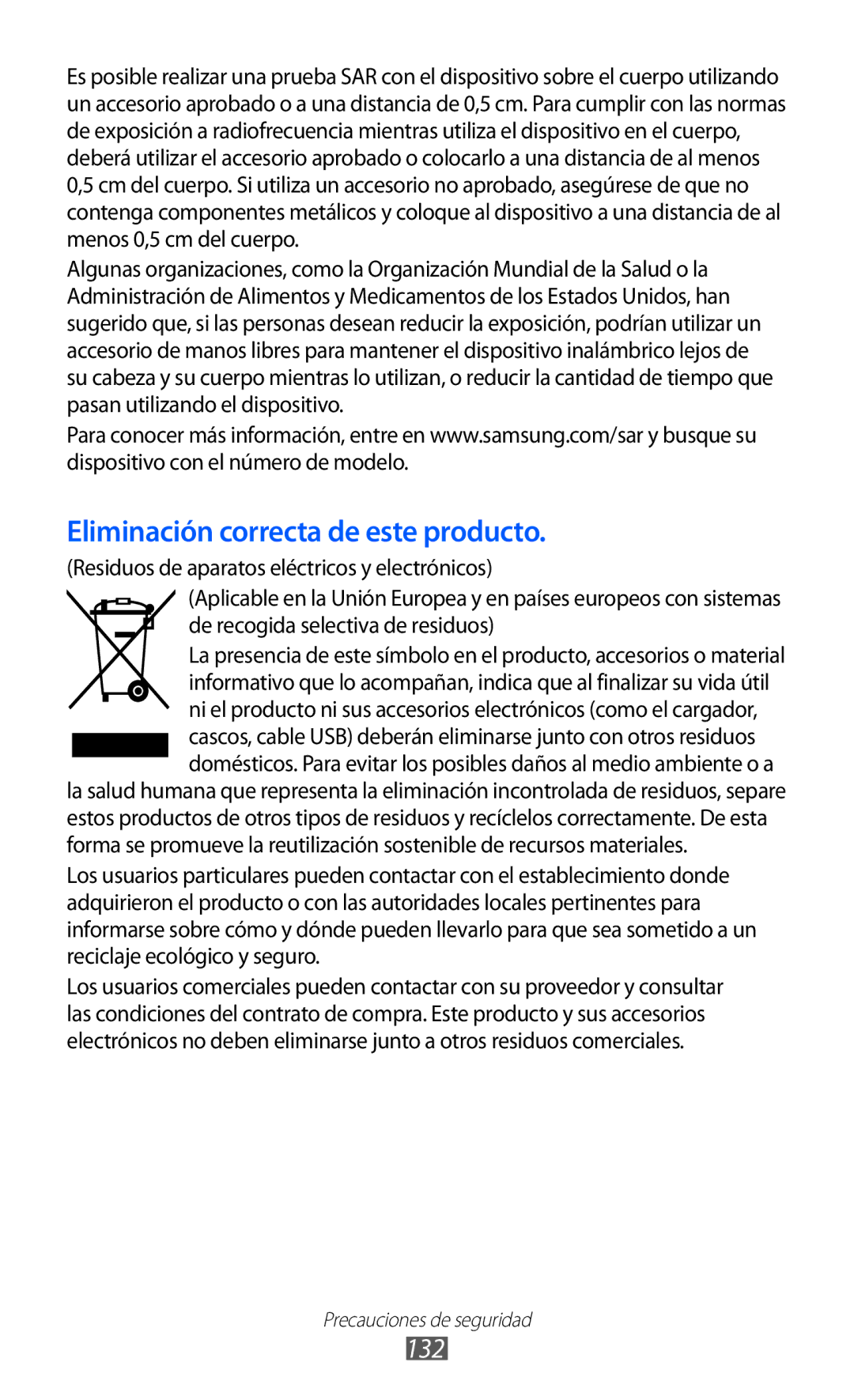 Samsung GT-S7230TAEATL, GT-S7230DWEXEC, GT-S7230TAEFOP, GT-S7230TAAATL manual Eliminación correcta de este producto, 132 