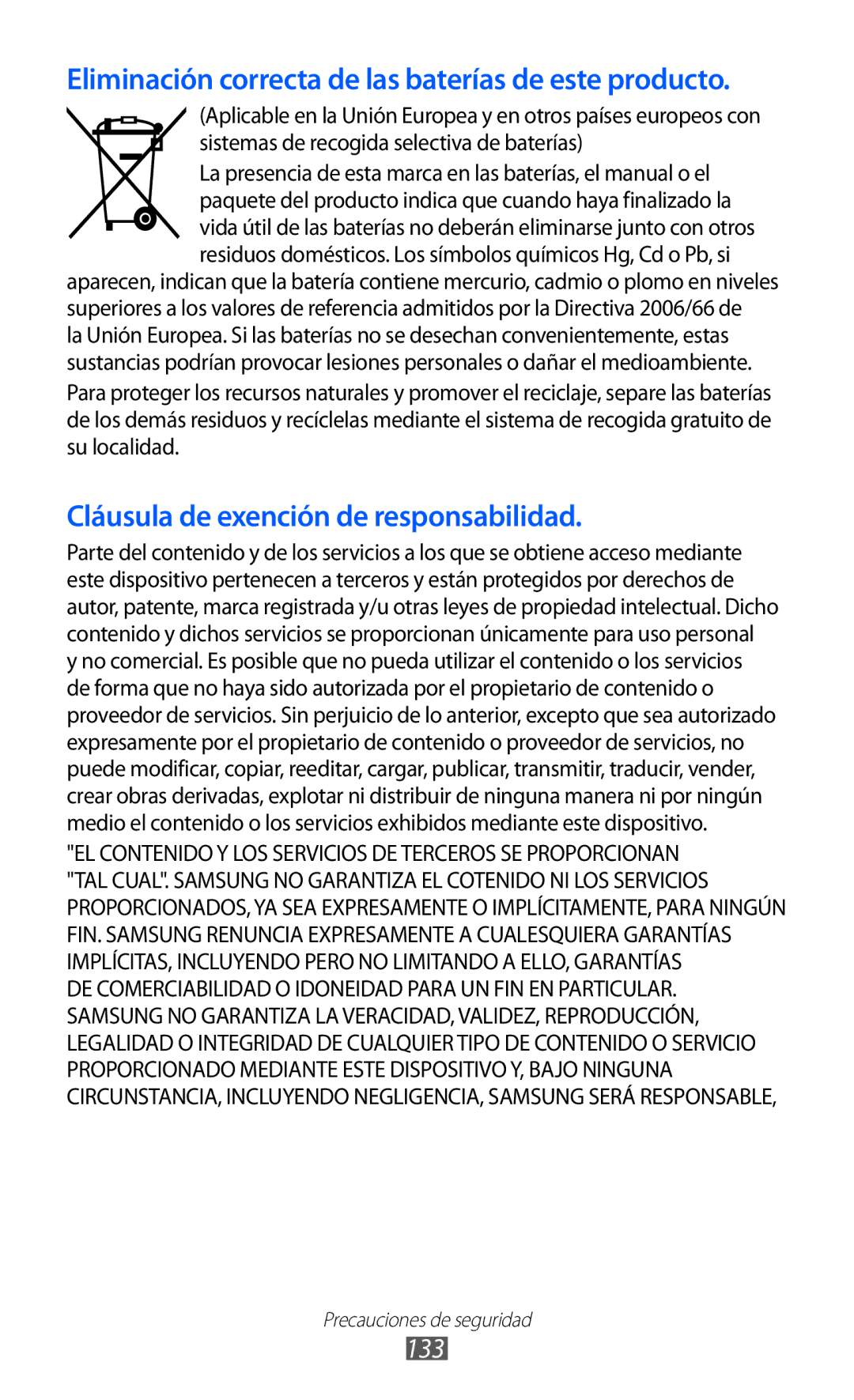 Samsung GT-S7230GREXEC, GT-S7230DWEXEC, GT-S7230TAEFOP manual Eliminación correcta de las baterías de este producto, 133 