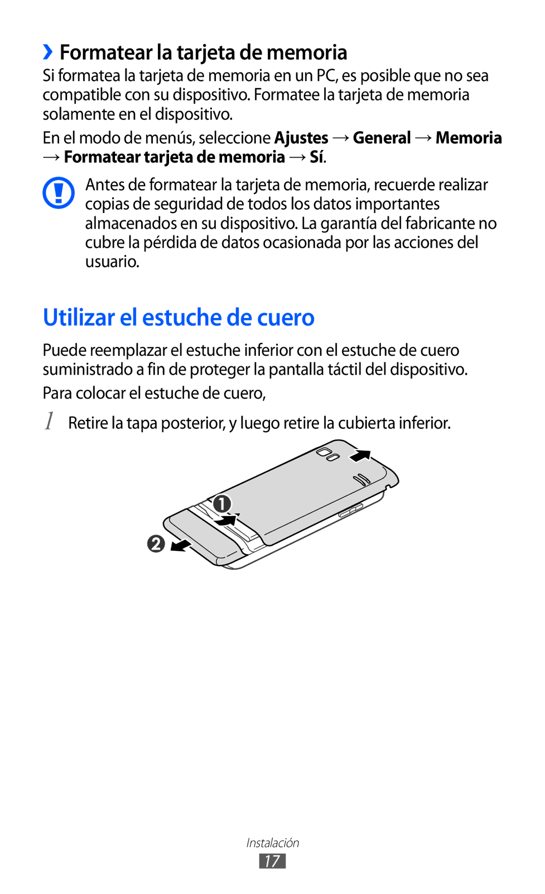 Samsung GT-S7230TAAATL, GT-S7230DWEXEC, GT-S7230TAEFOP manual Utilizar el estuche de cuero, ››Formatear la tarjeta de memoria 