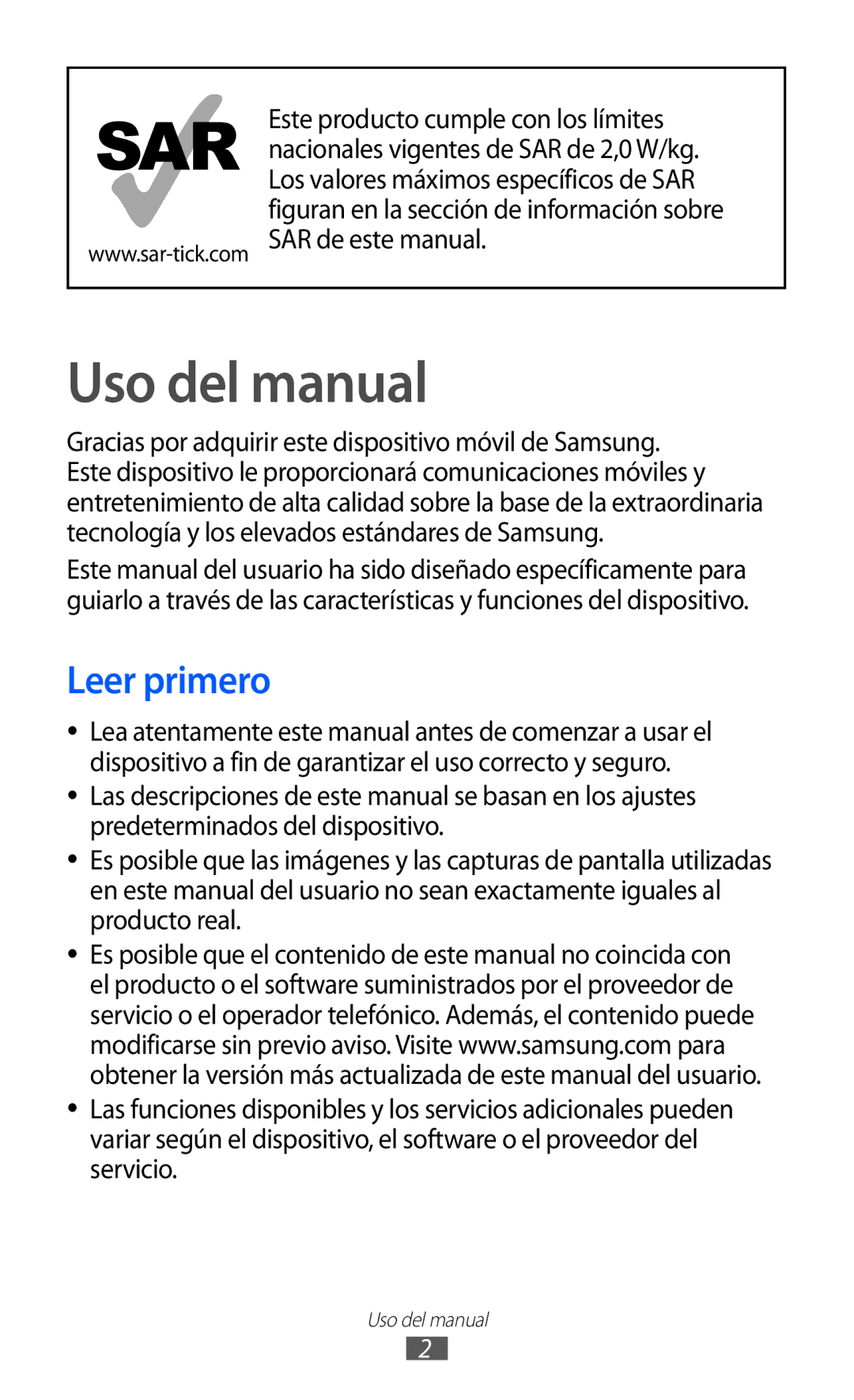 Samsung GT-S7230TAAATL, GT-S7230DWEXEC, GT-S7230TAEFOP, GT-S7230MKEAMN, GT-S7230MKEXEC Uso del manual, Leer primero 