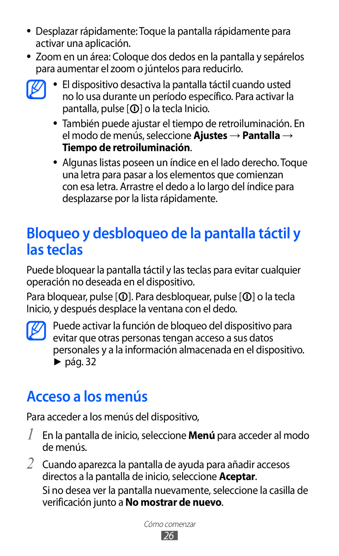 Samsung GT-S7230GREAMN, GT-S7230DWEXEC Bloqueo y desbloqueo de la pantalla táctil y las teclas, Acceso a los menús, Pág 