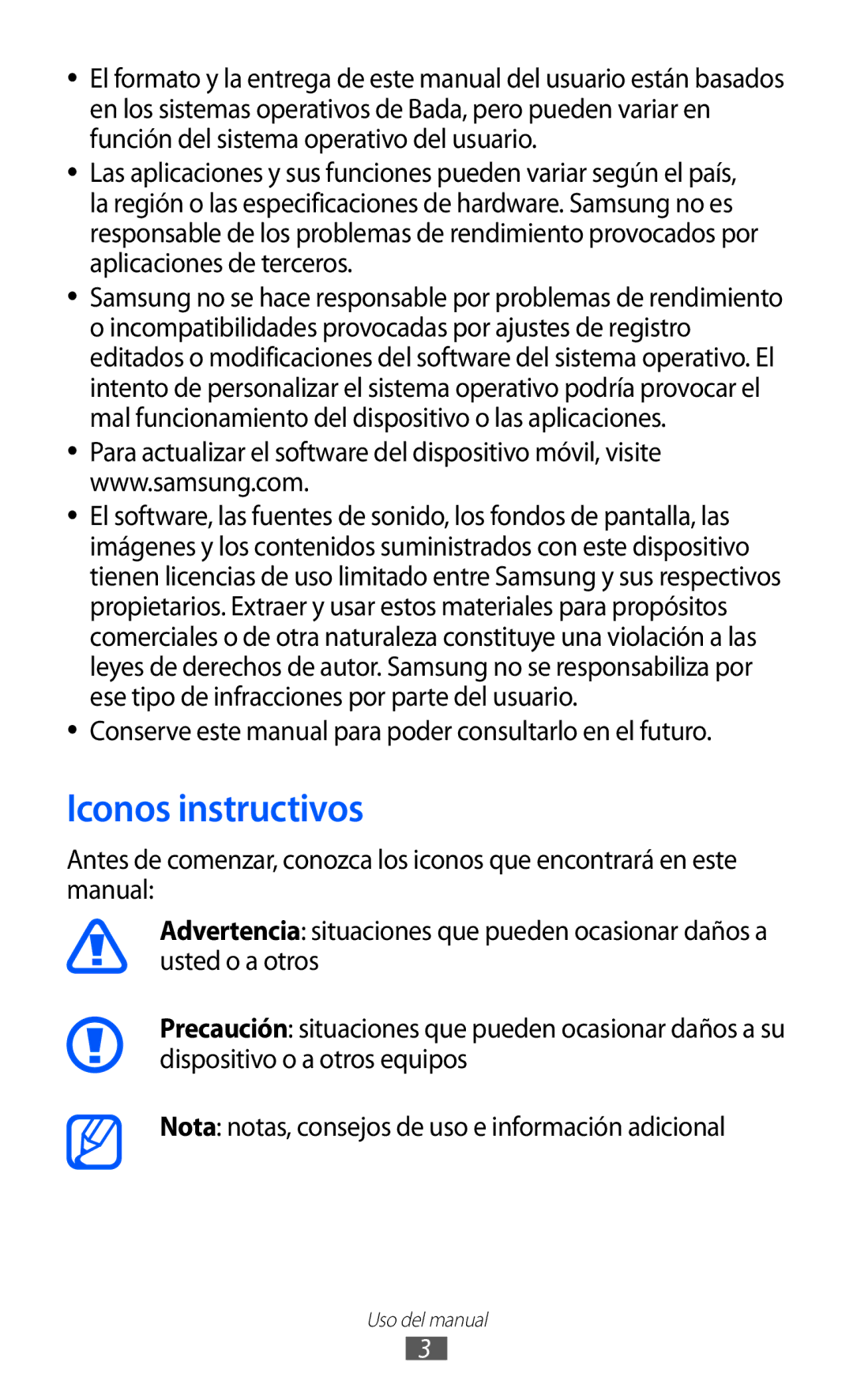 Samsung GT-S7230MKEAMN, GT-S7230DWEXEC Iconos instructivos, Conserve este manual para poder consultarlo en el futuro 