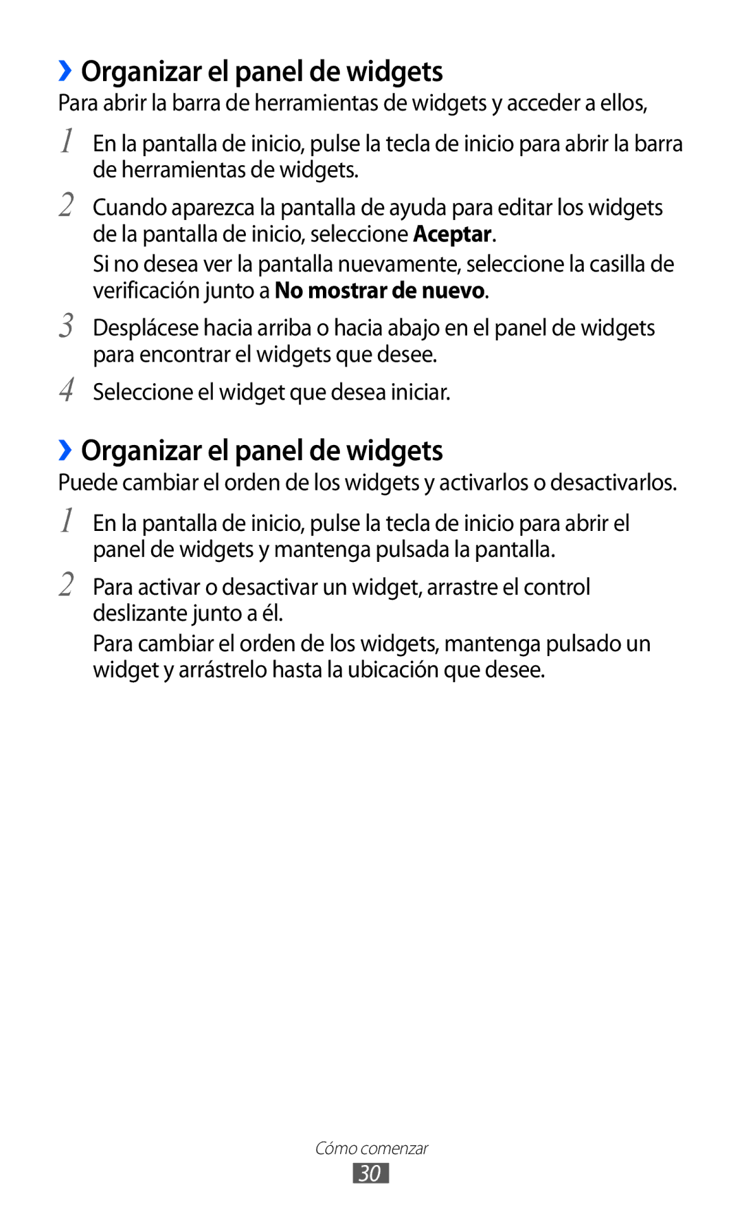 Samsung GT-S7230DWEXEC, GT-S7230TAEFOP, GT-S7230TAAATL, GT-S7230MKEAMN, GT-S7230MKEXEC manual ››Organizar el panel de widgets 