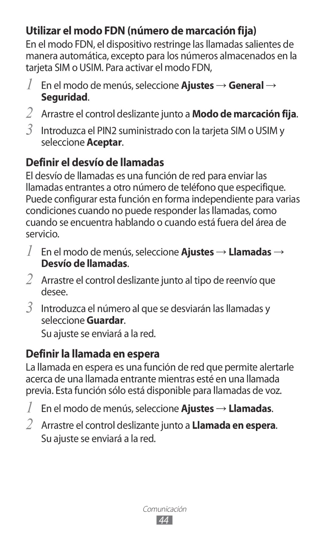 Samsung GT-S7230DWEAMN, GT-S7230DWEXEC manual Utilizar el modo FDN número de marcación fija, Definir el desvío de llamadas 