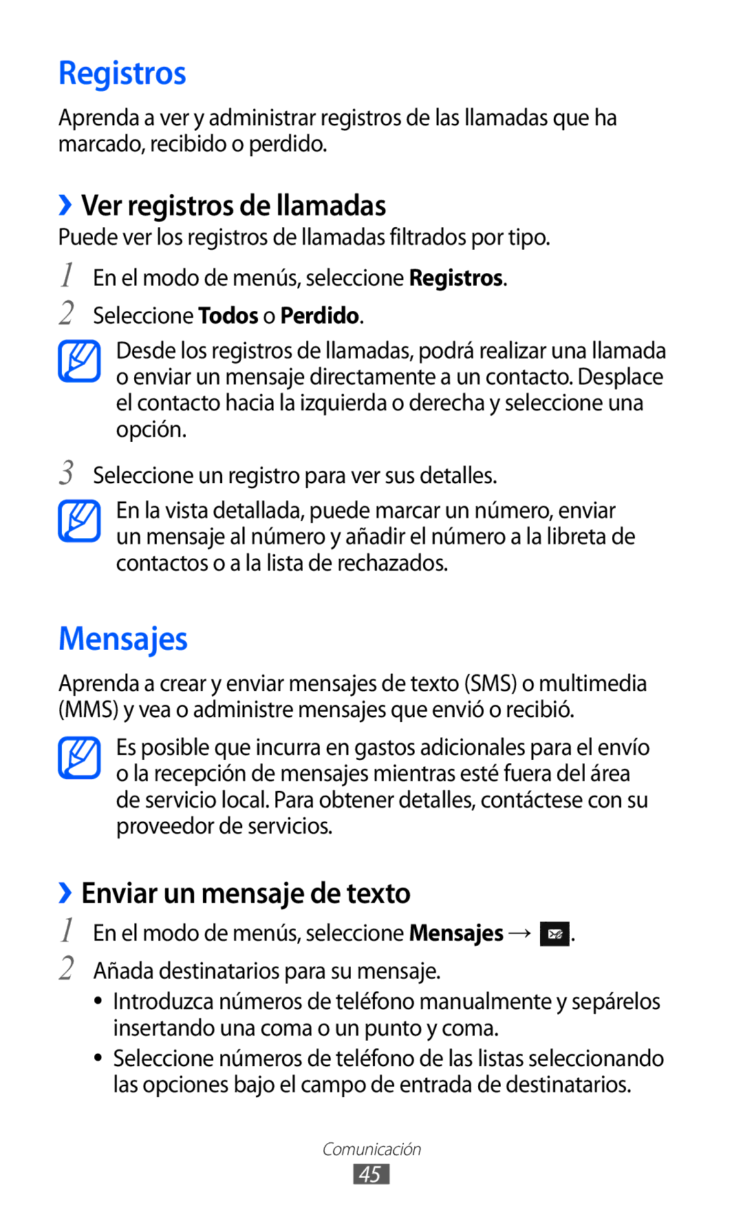 Samsung GT-S7230DWEXEC, GT-S7230TAEFOP manual Registros, Mensajes, ››Ver registros de llamadas, ››Enviar un mensaje de texto 