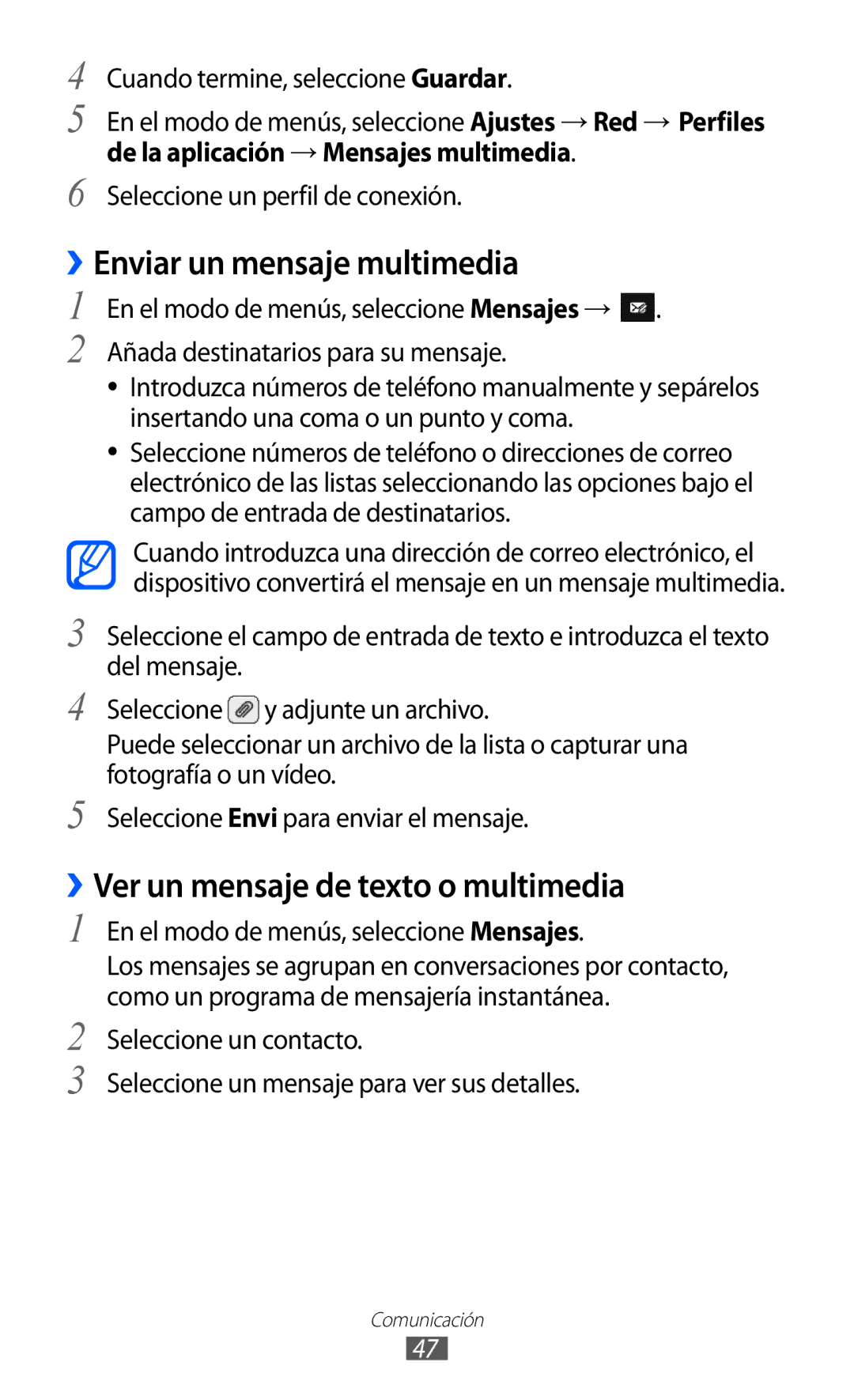 Samsung GT-S7230TAAATL, GT-S7230DWEXEC manual ››Enviar un mensaje multimedia, ››Ver un mensaje de texto o multimedia 