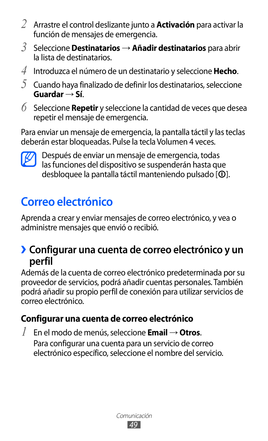 Samsung GT-S7230MKEXEC manual Correo electrónico, ››Configurar una cuenta de correo electrónico y un perfil, Guardar → Sí 