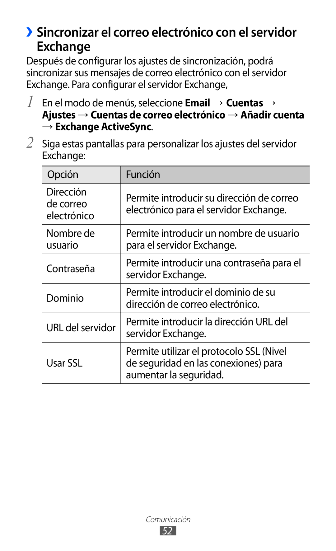 Samsung GT-S7230TAAXEC, GT-S7230DWEXEC, GT-S7230TAEFOP, GT-S7230TAAATL, GT-S7230MKEAMN manual → Exchange ActiveSync 