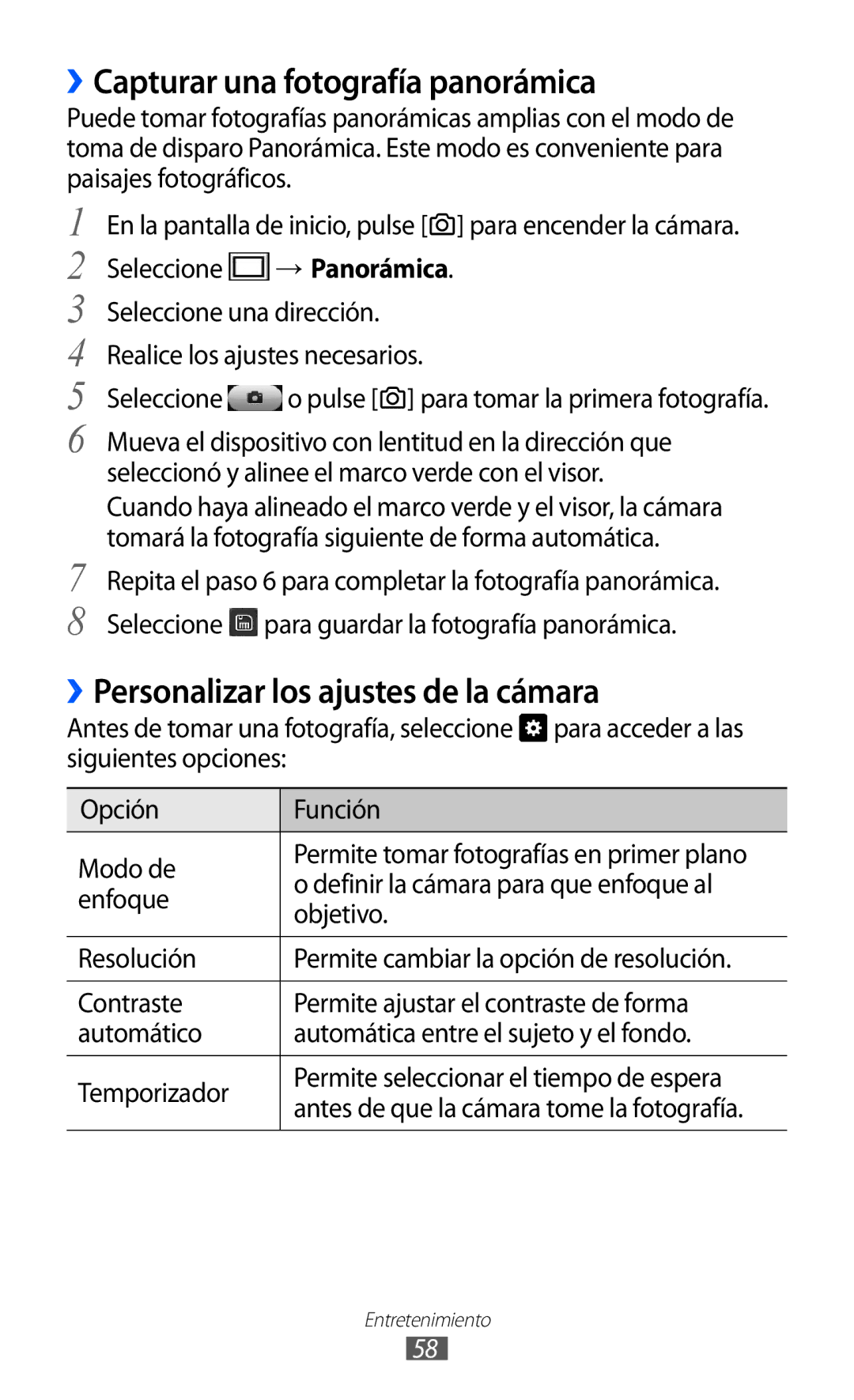 Samsung GT-S7230GREXEC, GT-S7230DWEXEC manual ››Capturar una fotografía panorámica, ››Personalizar los ajustes de la cámara 