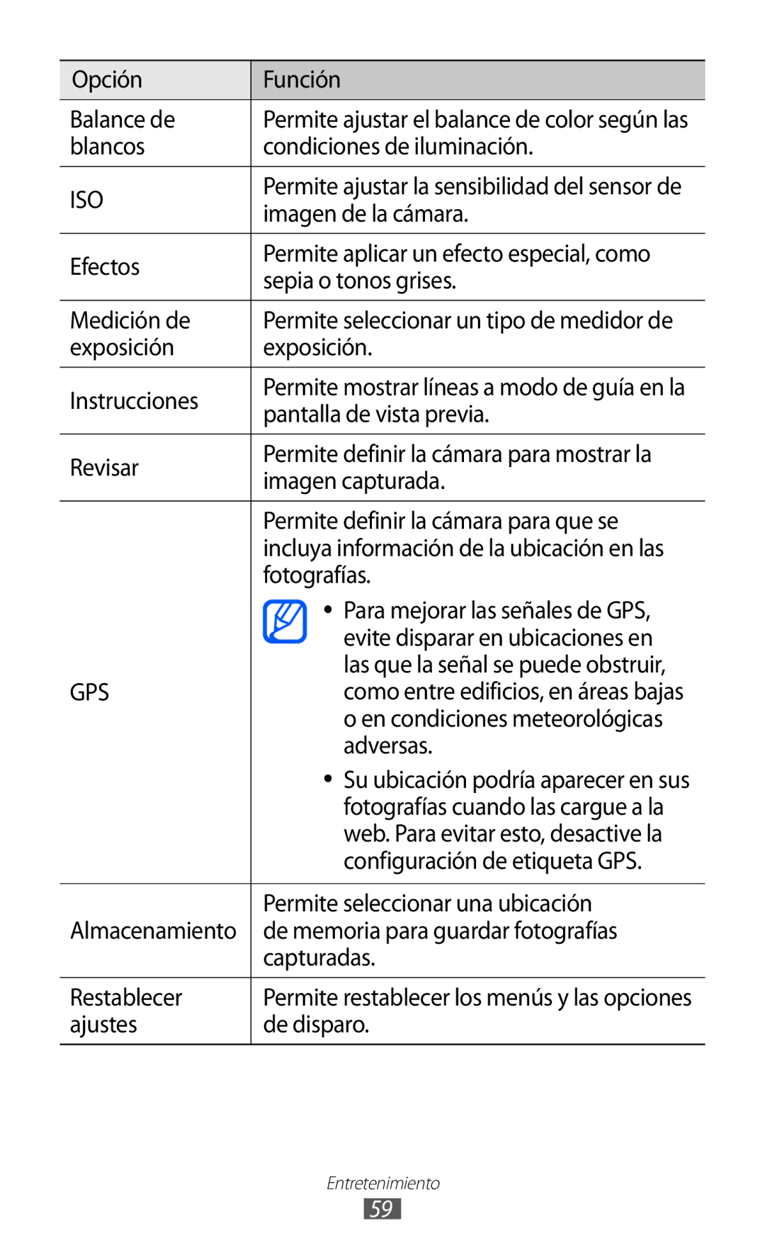 Samsung GT-S7230DWEAMN manual Opción Función Balance de, Blancos Condiciones de iluminación, Imagen de la cámara, Efectos 