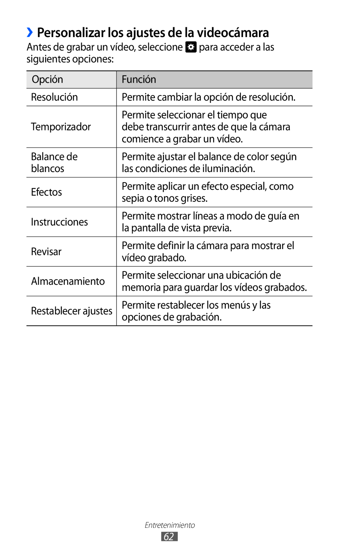 Samsung GT-S7230TAAATL, GT-S7230DWEXEC, GT-S7230TAEFOP, GT-S7230MKEAMN manual ››Personalizar los ajustes de la videocámara 