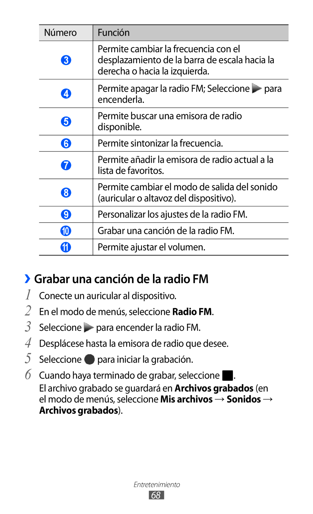 Samsung GT-S7230RIEFOP, GT-S7230DWEXEC, GT-S7230TAEFOP, GT-S7230TAAATL, GT-S7230MKEAMN manual Grabar una canción de la radio FM 